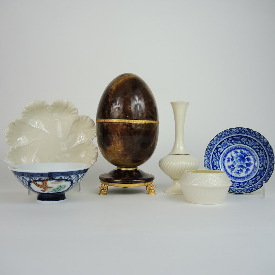 Alabaster Egg Box, Beleek, Lenox and Asian Pottery
