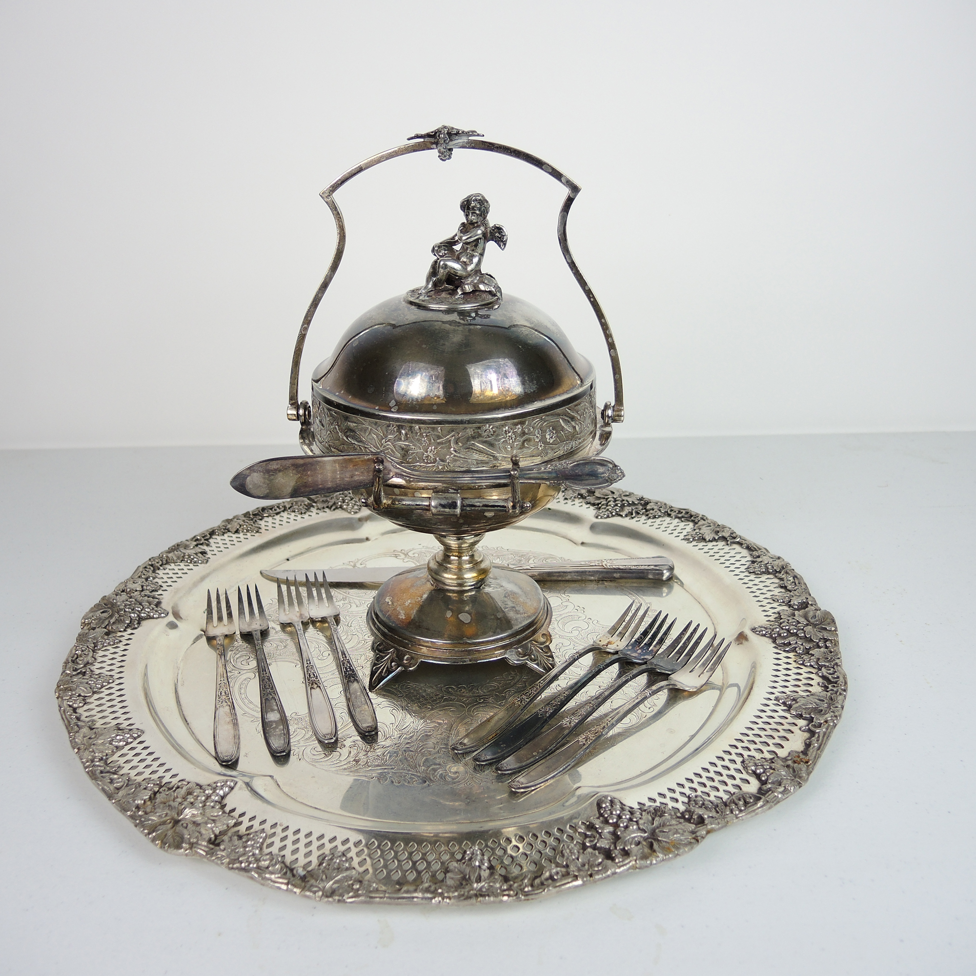 Antique Wilcox Silver Plate Co. Butter Dish, Repoussé Serving Tray and More