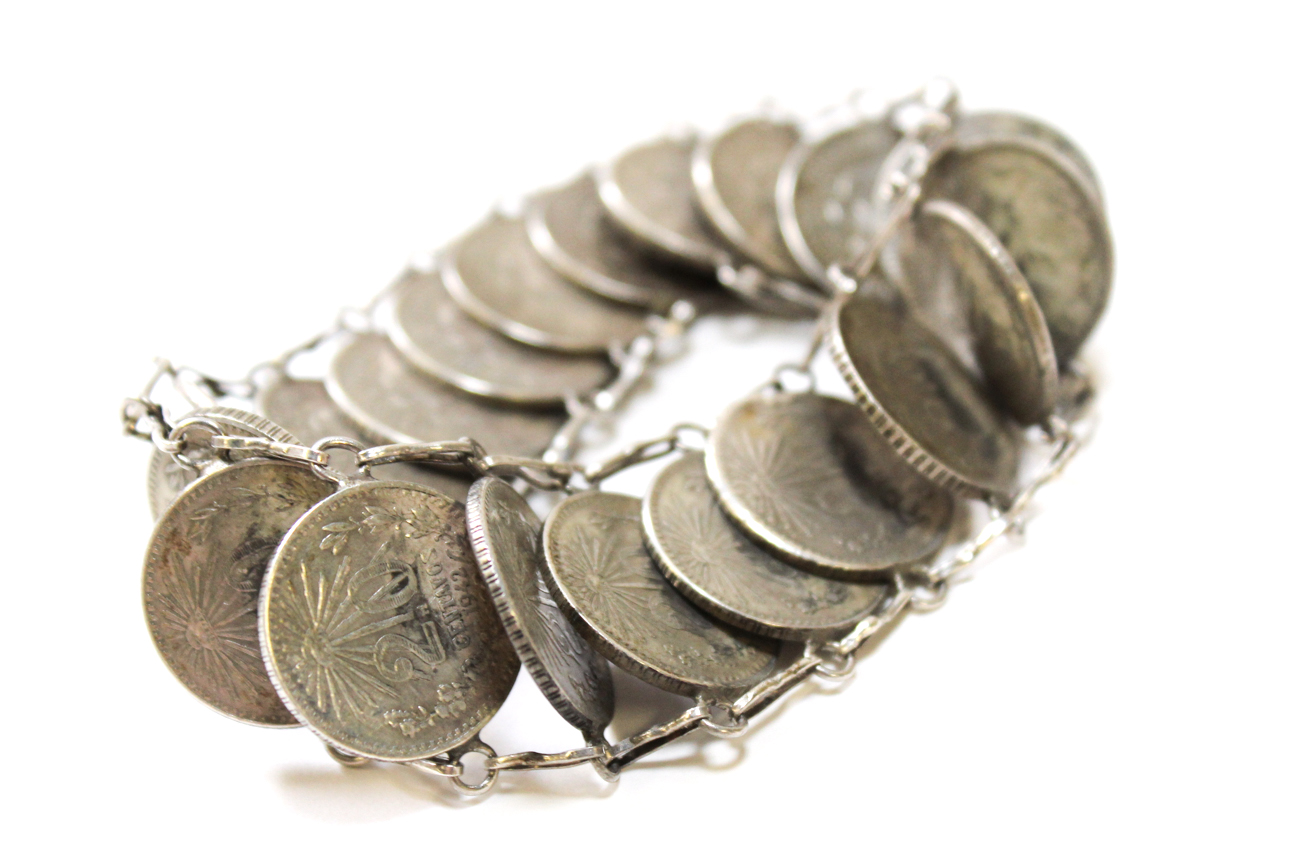 Modernist Sterling Silver Bracelet With Mexican Coins