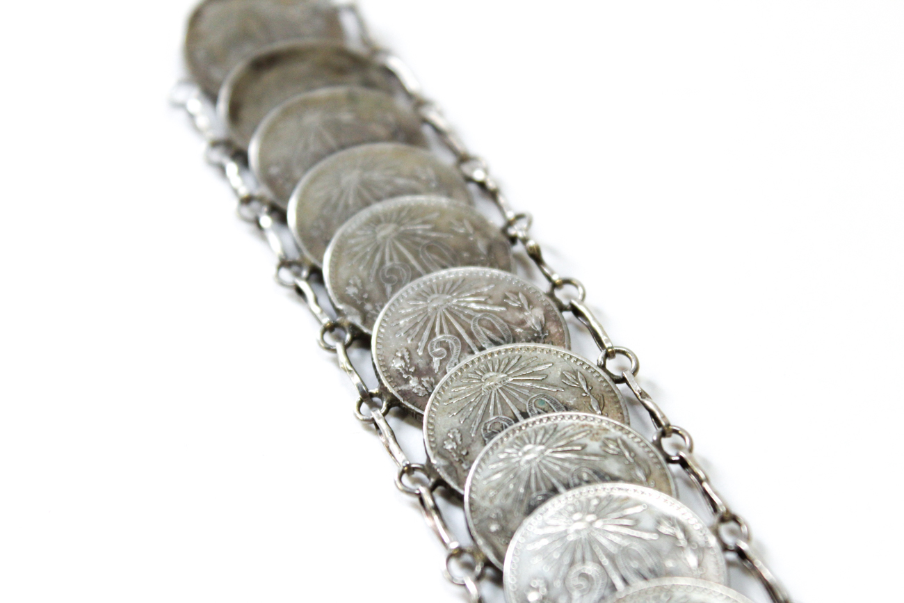 Modernist Sterling Silver Bracelet With Mexican Coins
