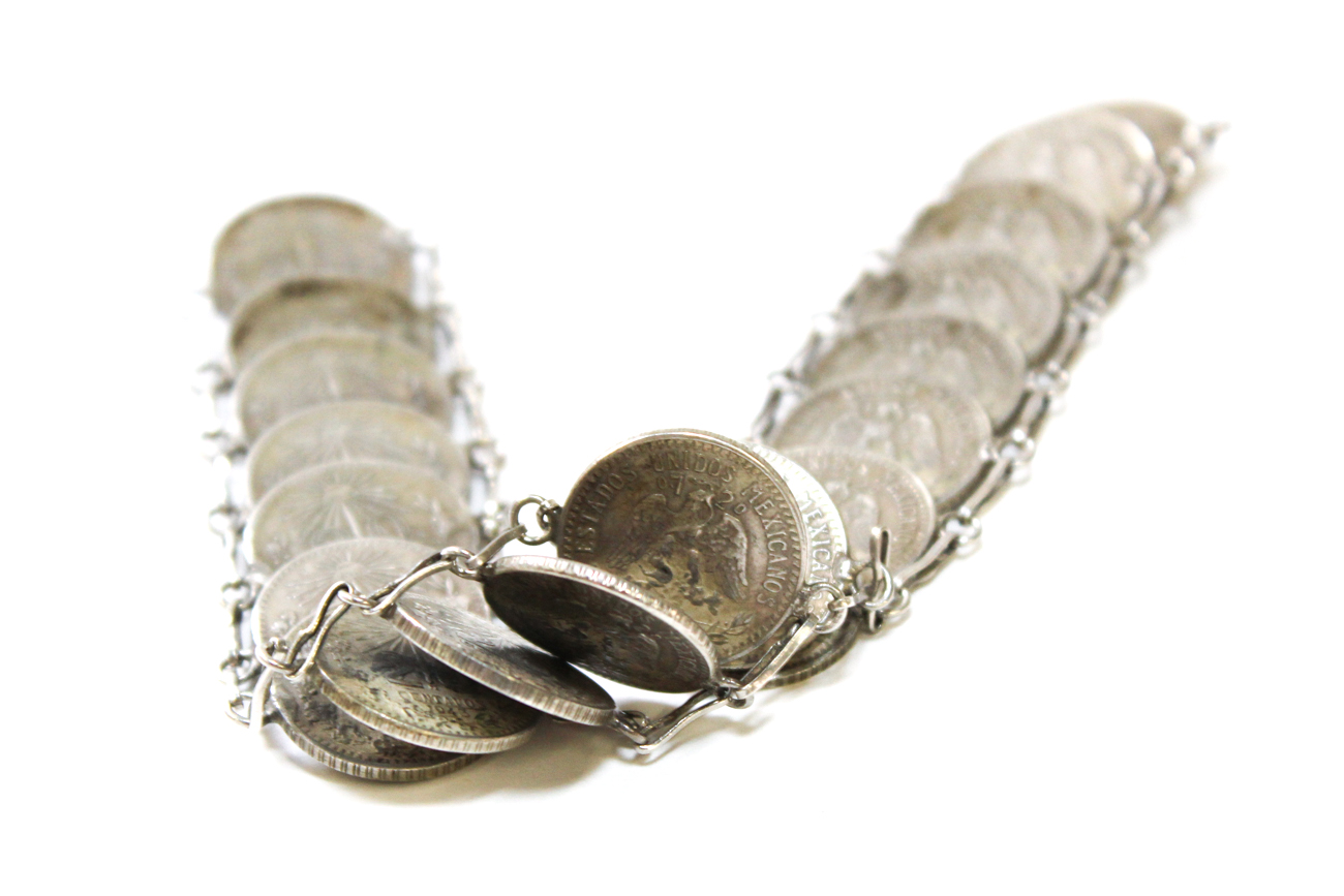 Modernist Sterling Silver Bracelet With Mexican Coins
