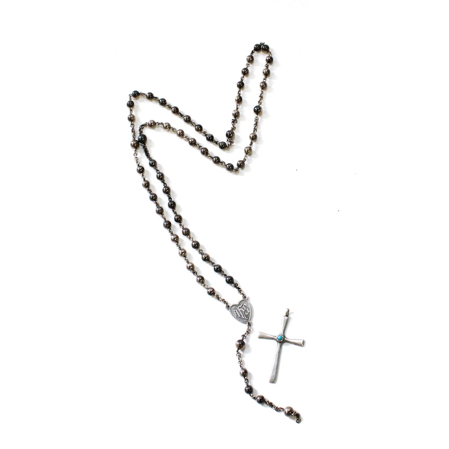 Sterling Silver Rosary And Pendant With Turquoise