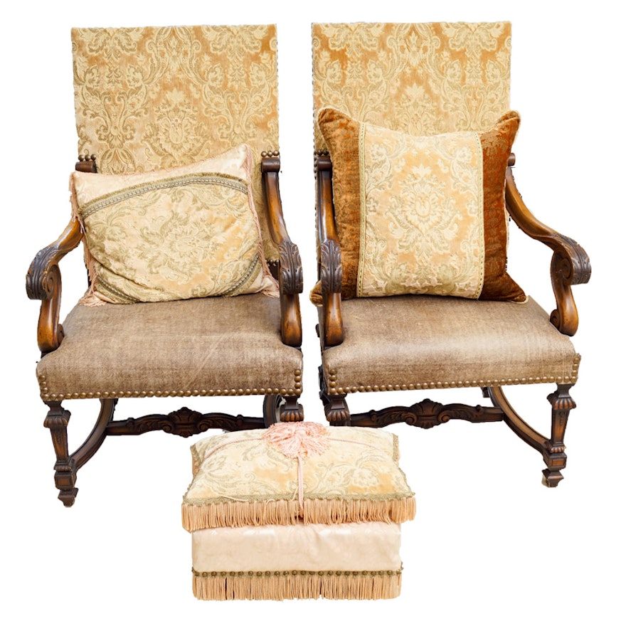 Jacobean Revival Style Armchairs with Ottoman
