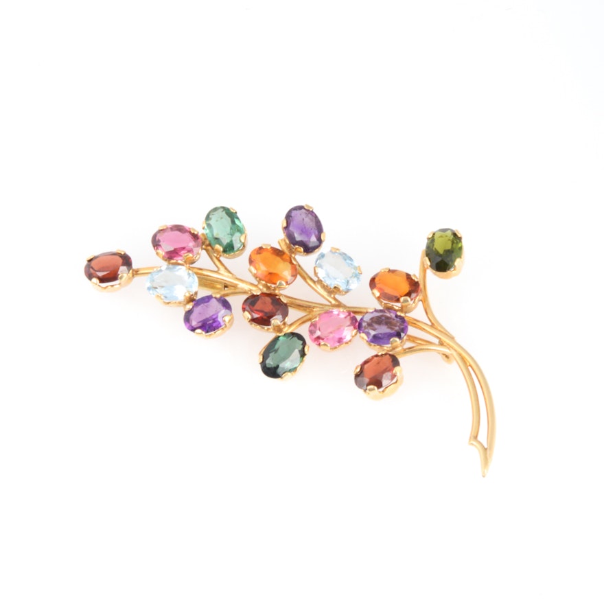 14K Yellow Gold Multi-Gemstone Brooch