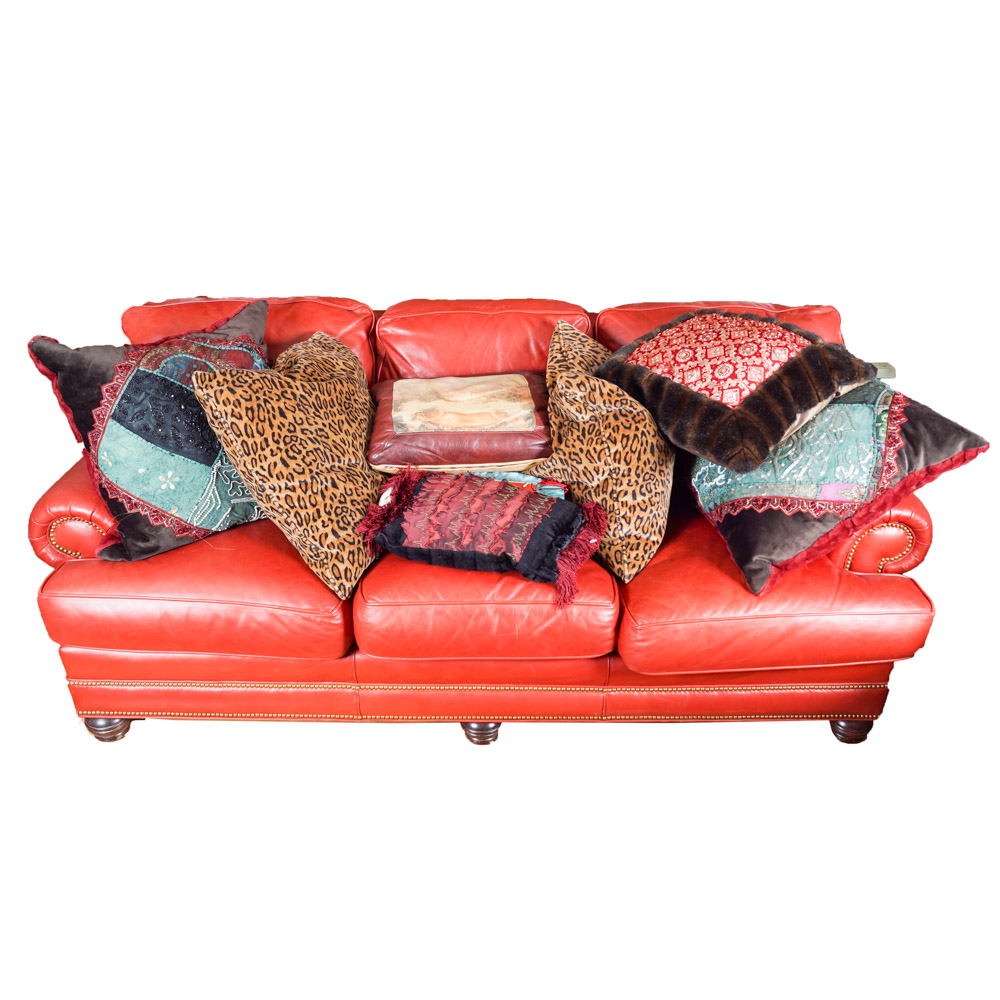 Whittemore-Sherrill Red Leather Couch with Throw Pillows