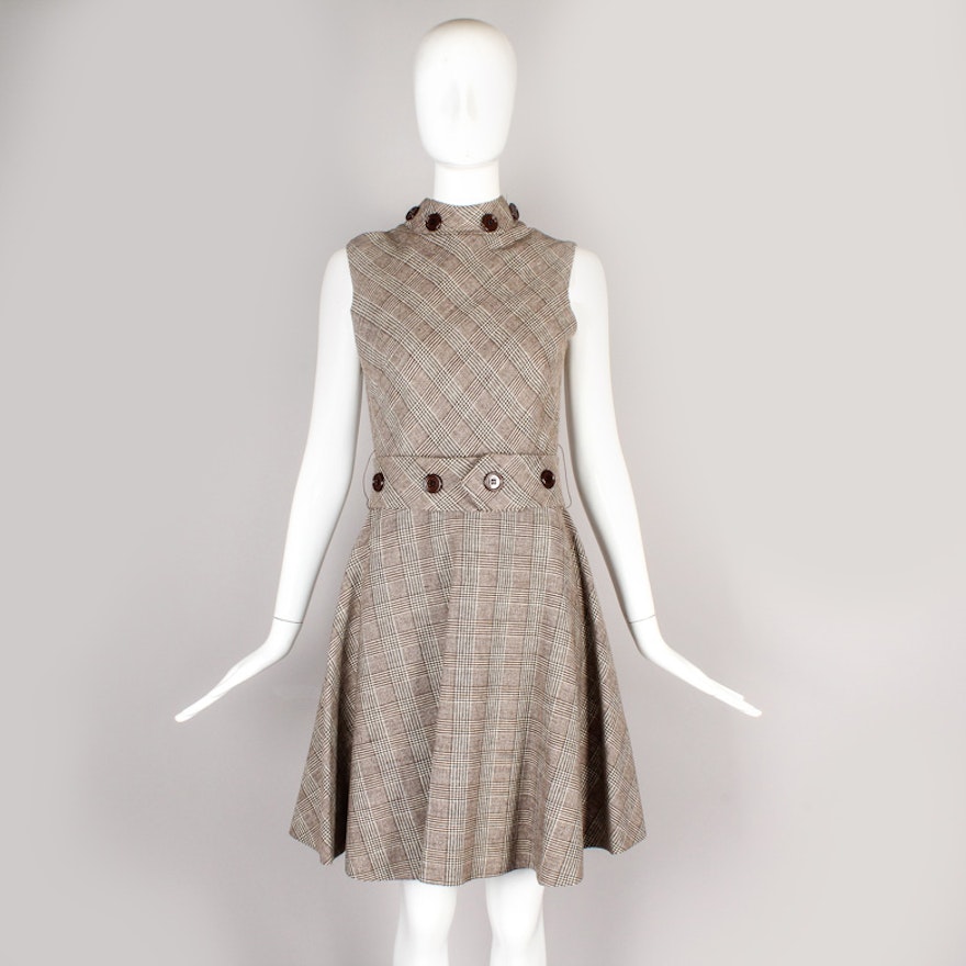 Vintage Claret Plaid Wool Sleeveless Day Dress