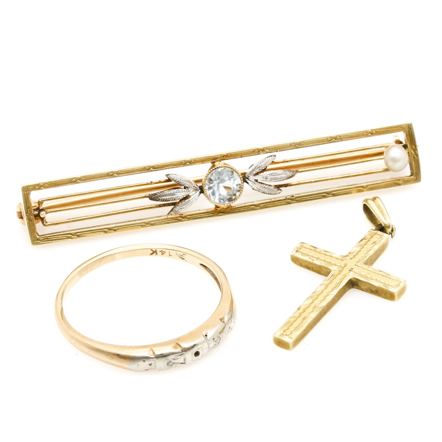 14K Yellow Gold Jewelry Including Diamonds and Aquamarine