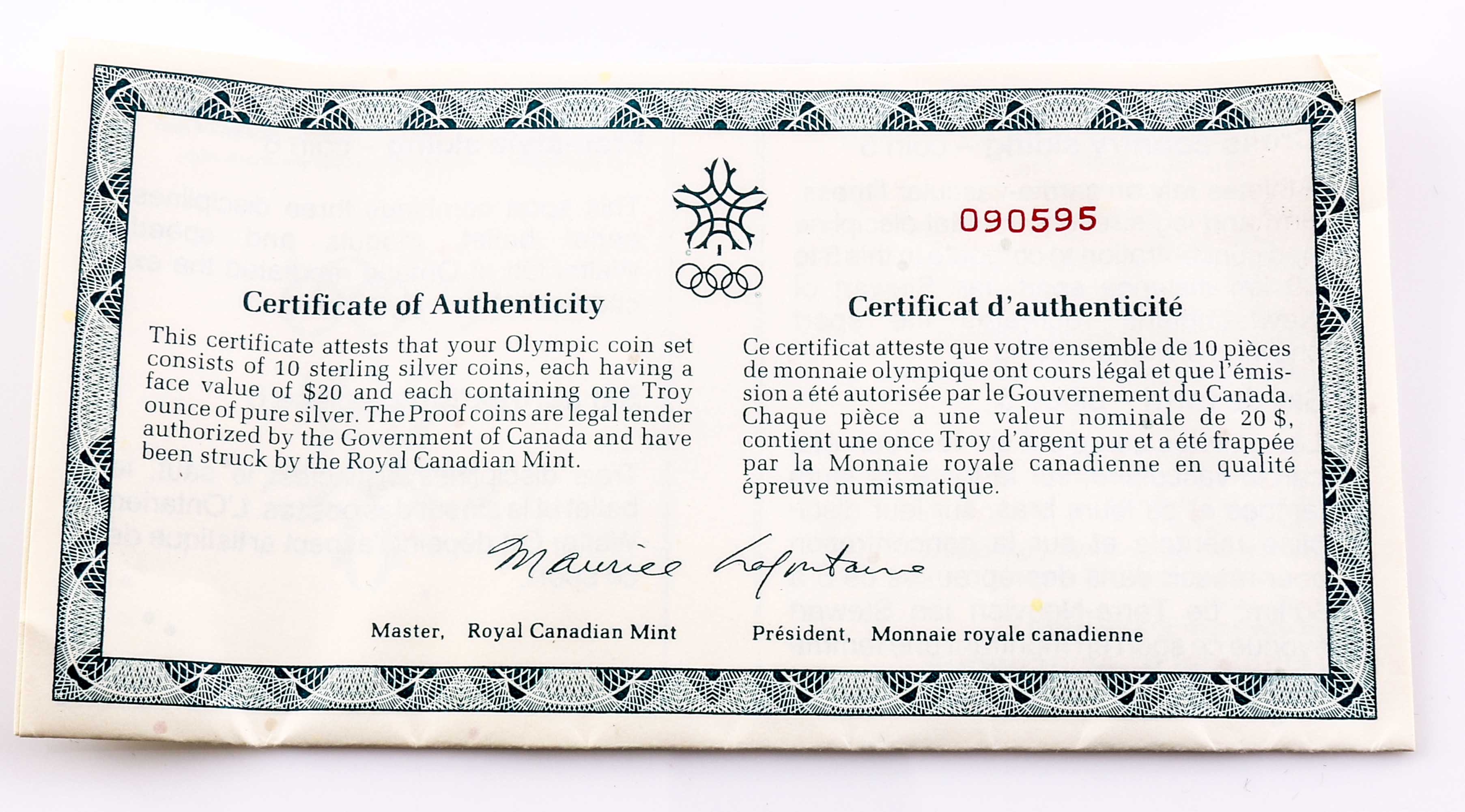 Set of Ten Commemorative 1988 Winter Olympics Twenty-Dollar Silver Proof Coins