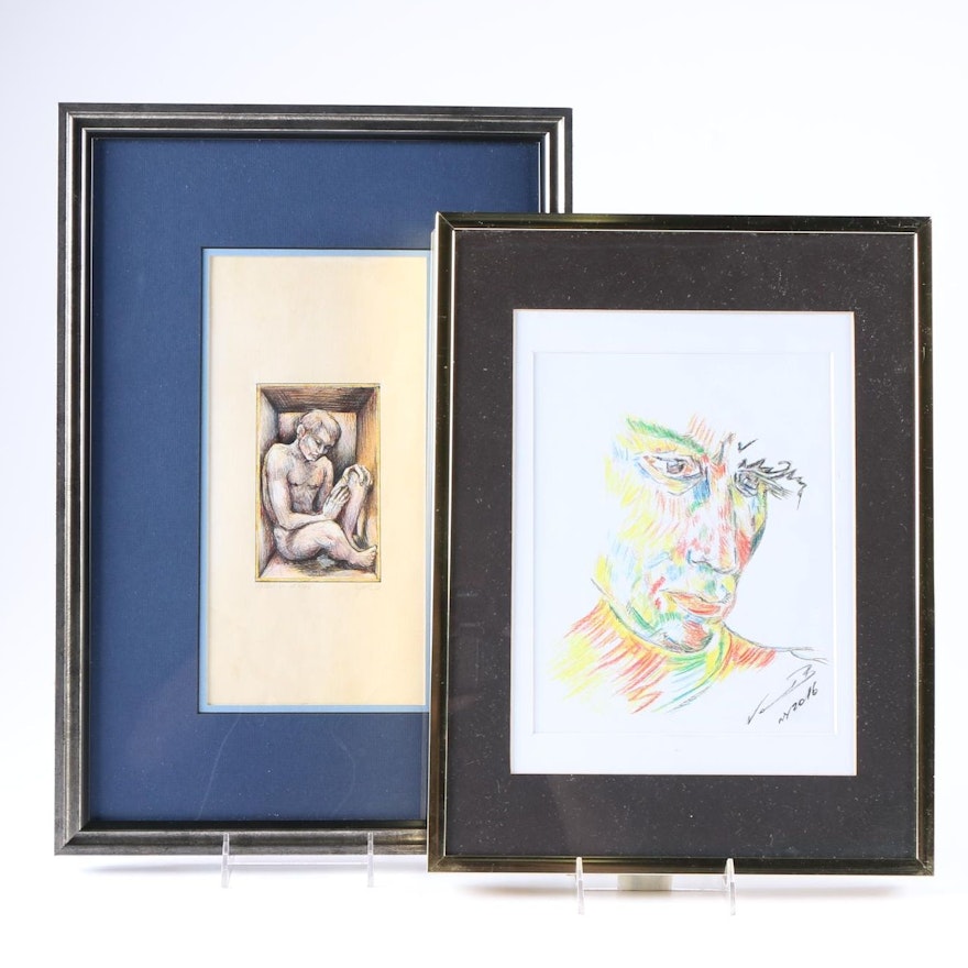 Framed Drawing and Print of Male Subjects