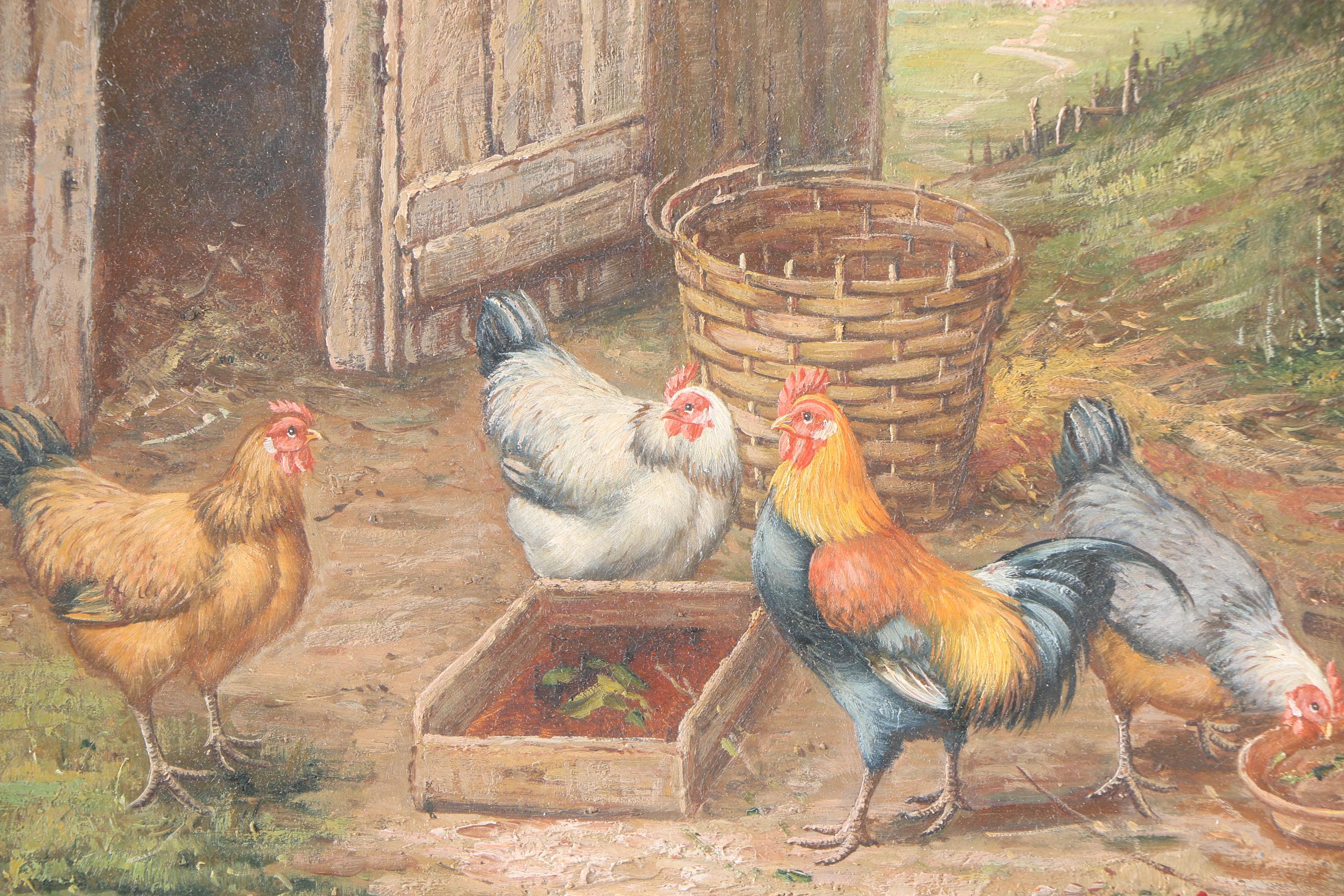 C. Shayer Oil Painting on Wood Panel "Barnyard with Chickens"