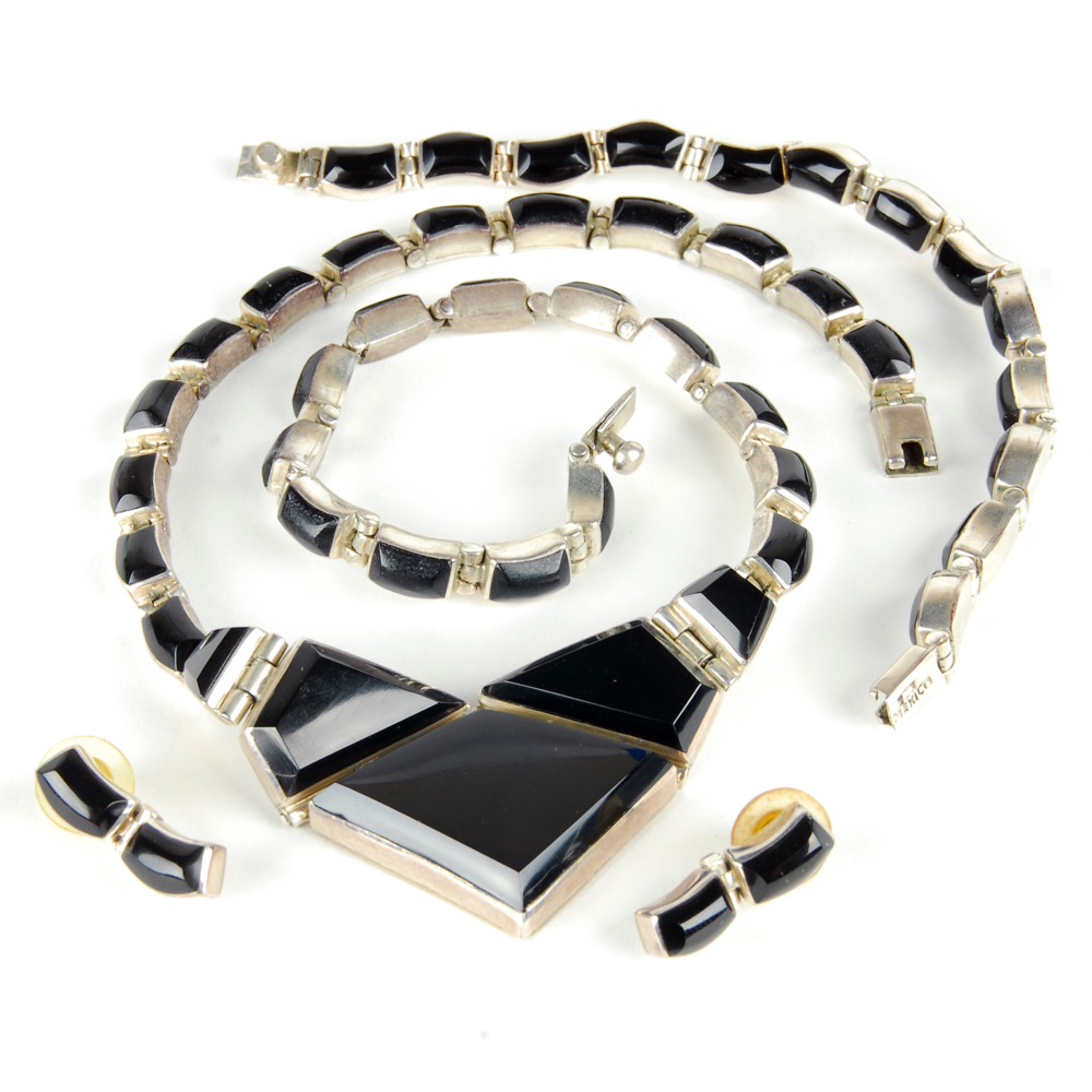 Sterling Silver Onyx Necklace, Bracelet, and Earring Set
