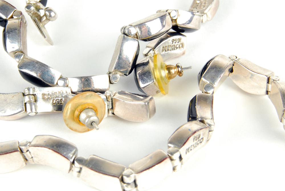 Sterling Silver Onyx Necklace, Bracelet, and Earring Set