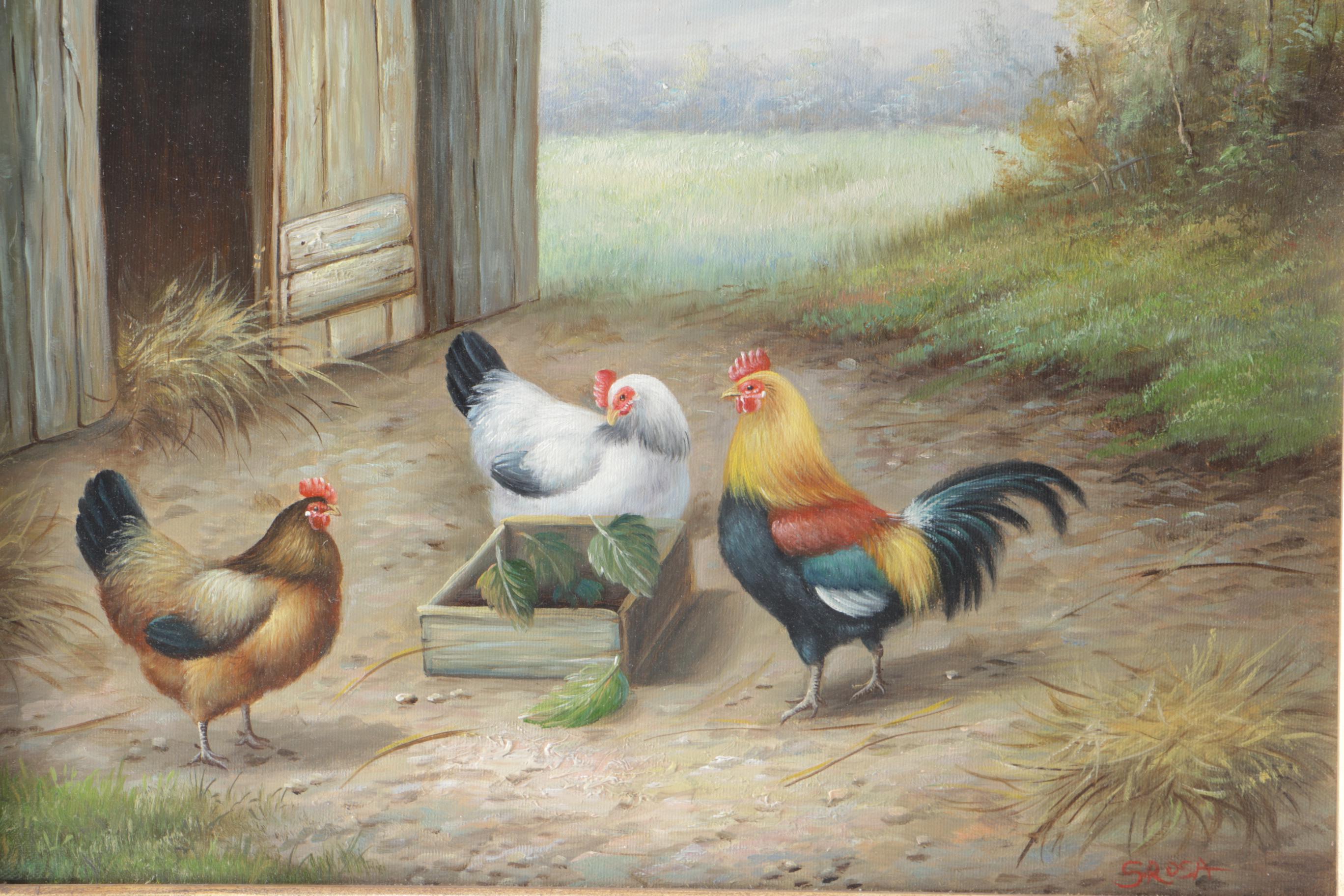 S. Rosa Original Oil on Canvas Pastoral Landscape with Chickens
