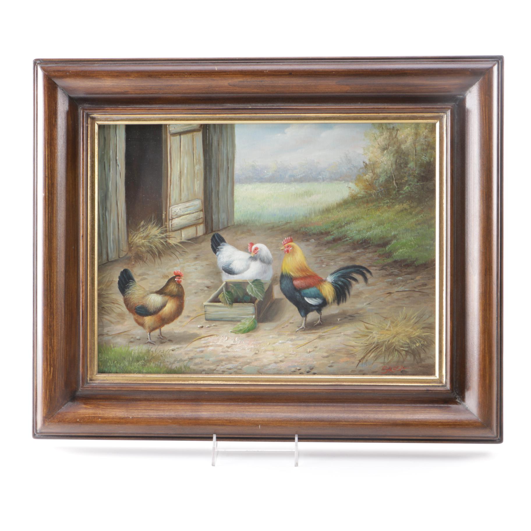 S. Rosa Original Oil on Canvas Pastoral Landscape with Chickens