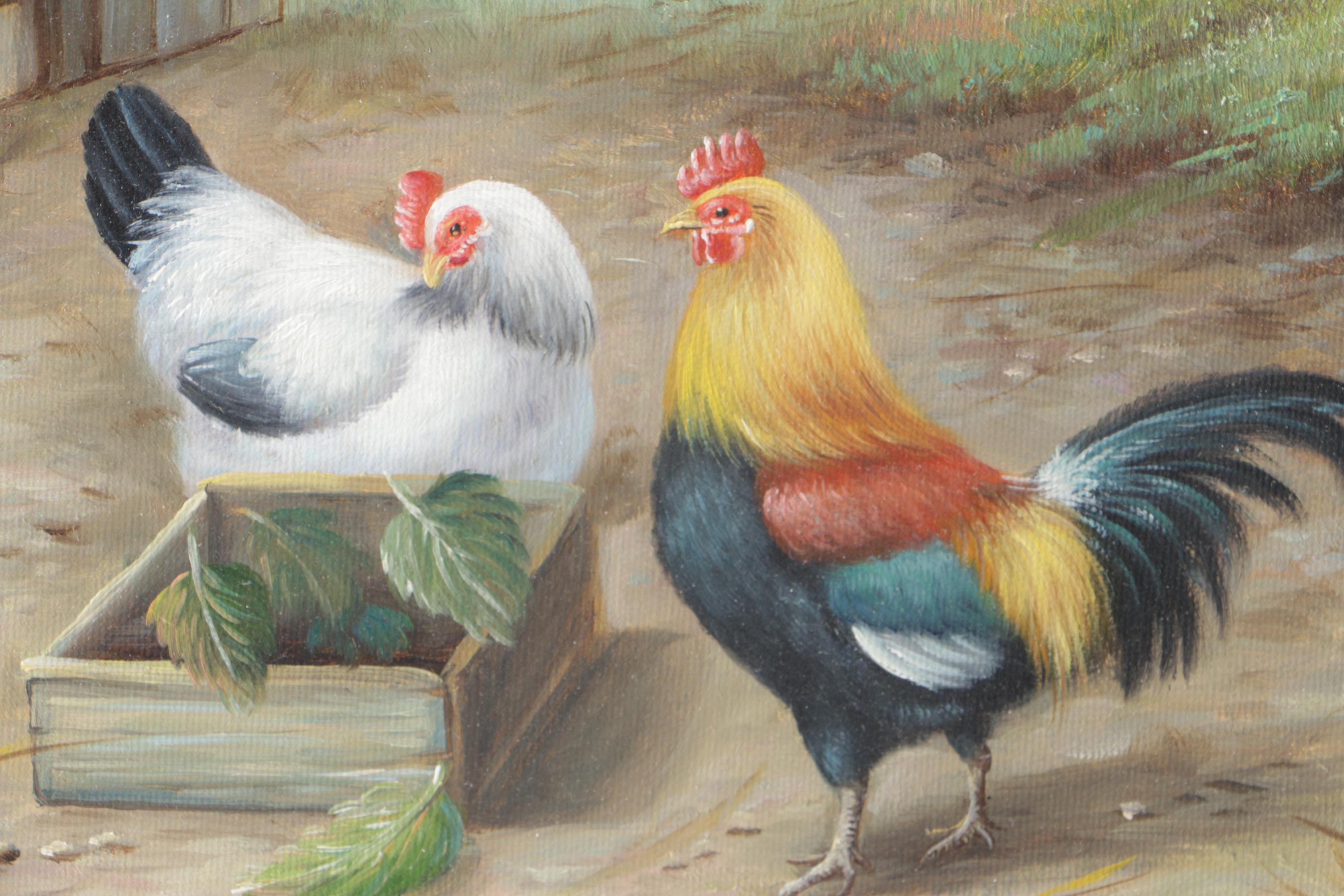 S. Rosa Original Oil on Canvas Pastoral Landscape with Chickens