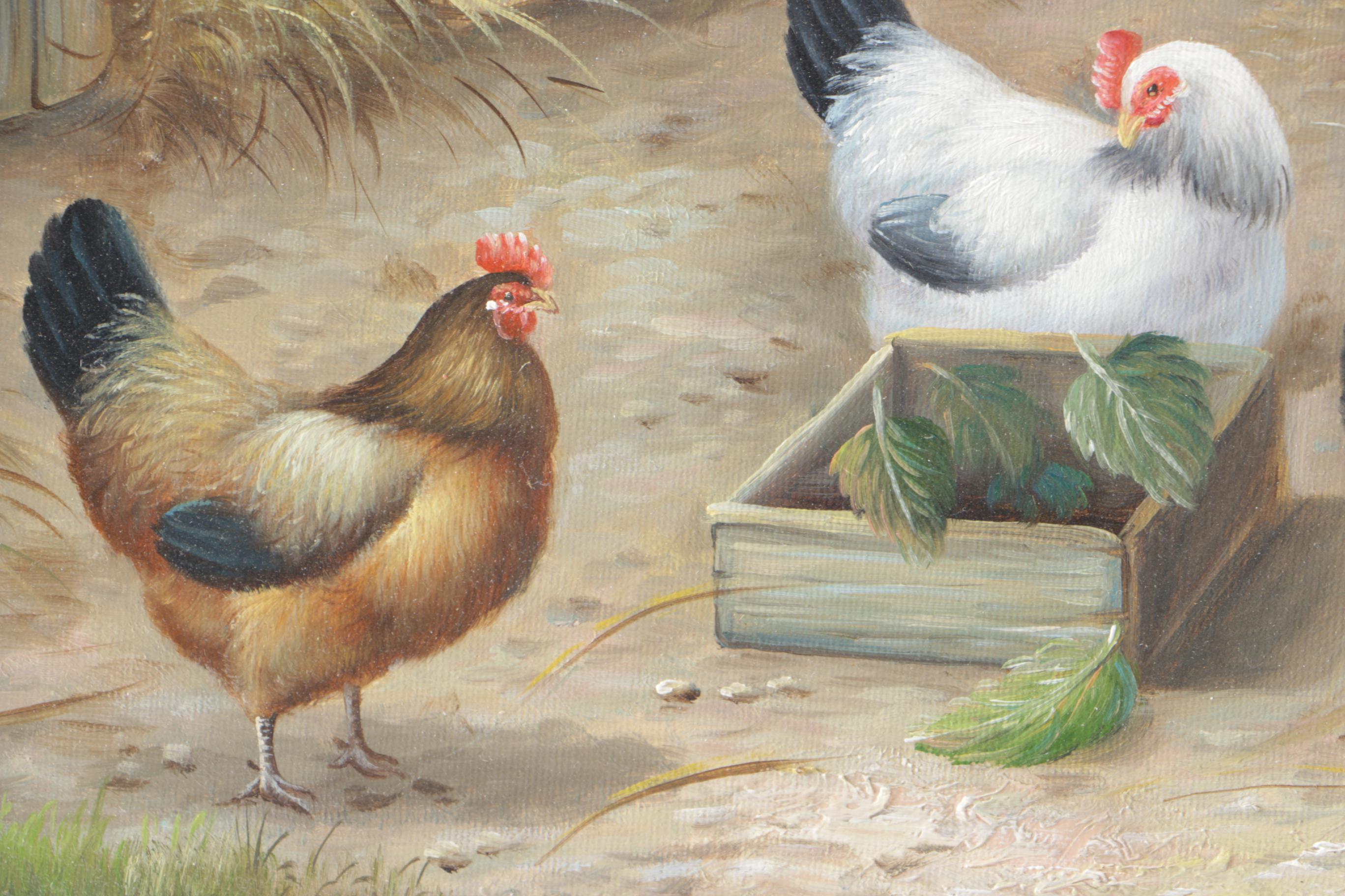 S. Rosa Original Oil on Canvas Pastoral Landscape with Chickens