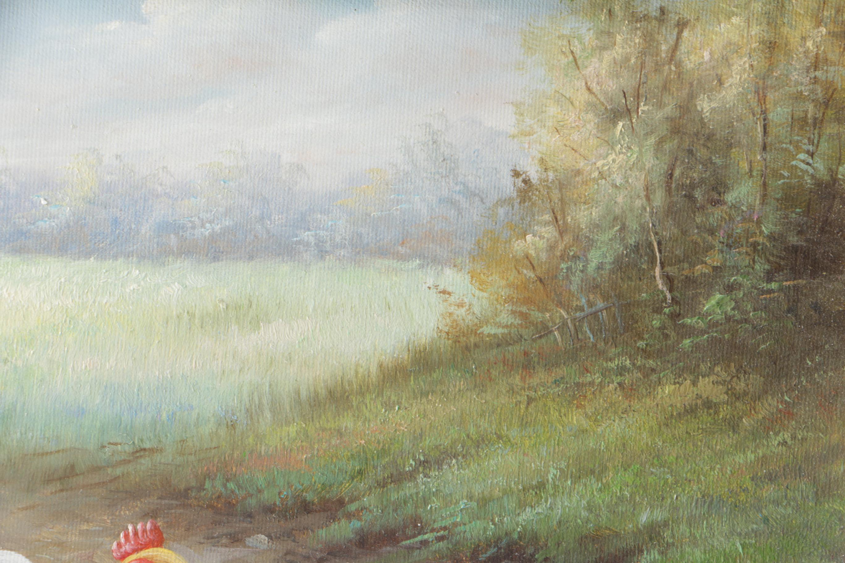 S. Rosa Original Oil on Canvas Pastoral Landscape with Chickens