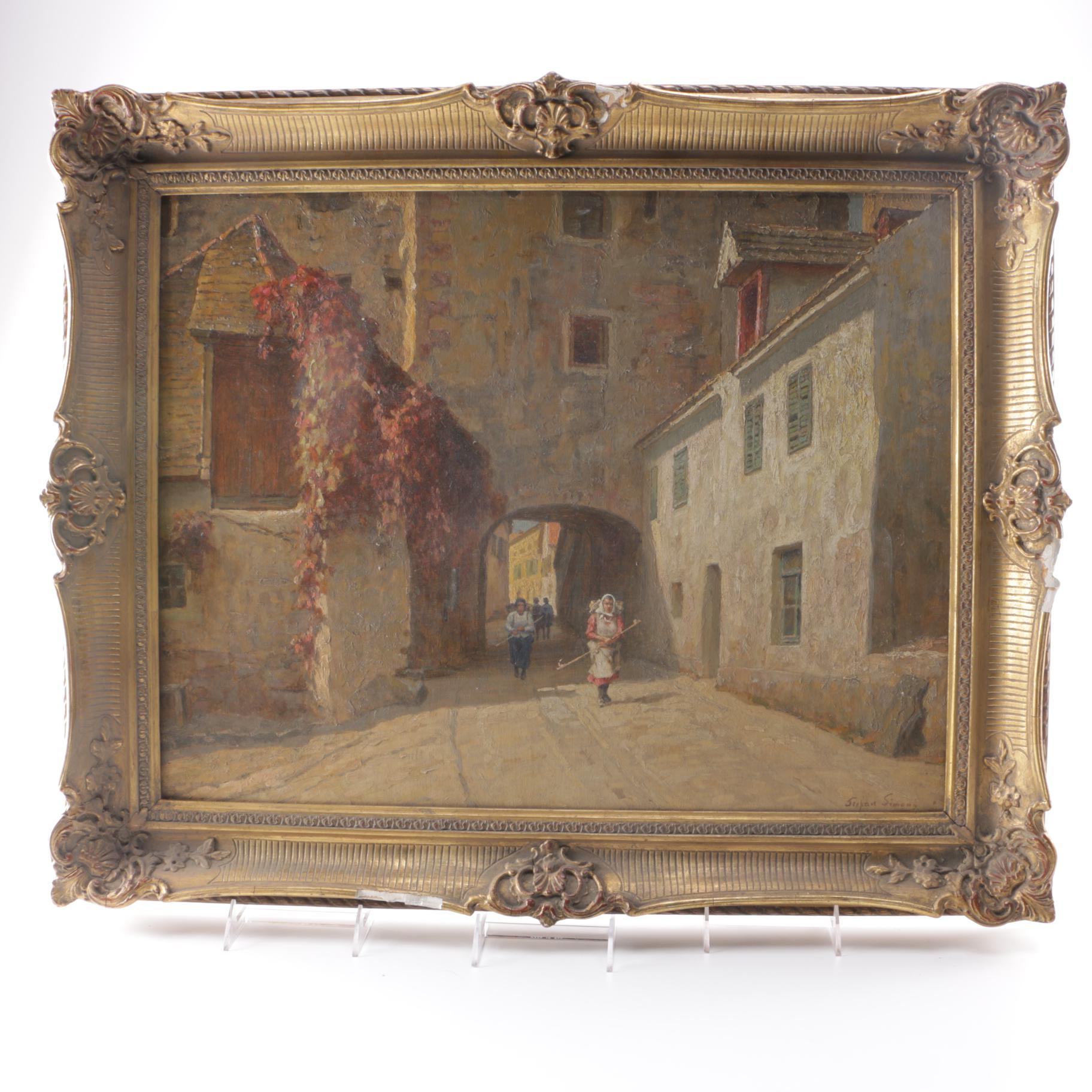 Stephan Simony  Oil Painting on Board  "City Gate of Budapest"