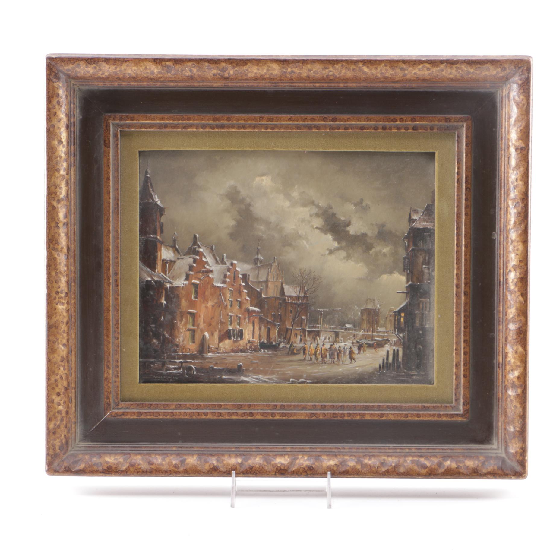 Heinz Scholtz Oil on Copper of a Dutch Frozen River