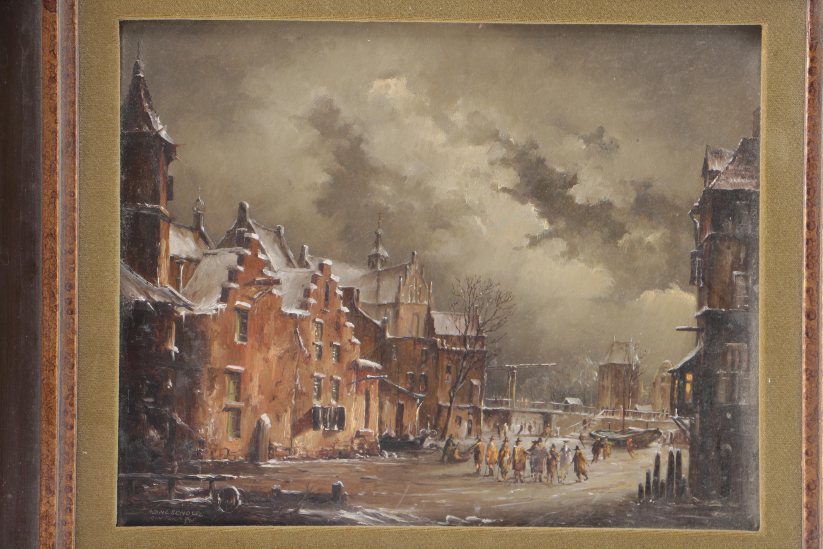 Heinz Scholtz Oil on Copper of a Dutch Frozen River