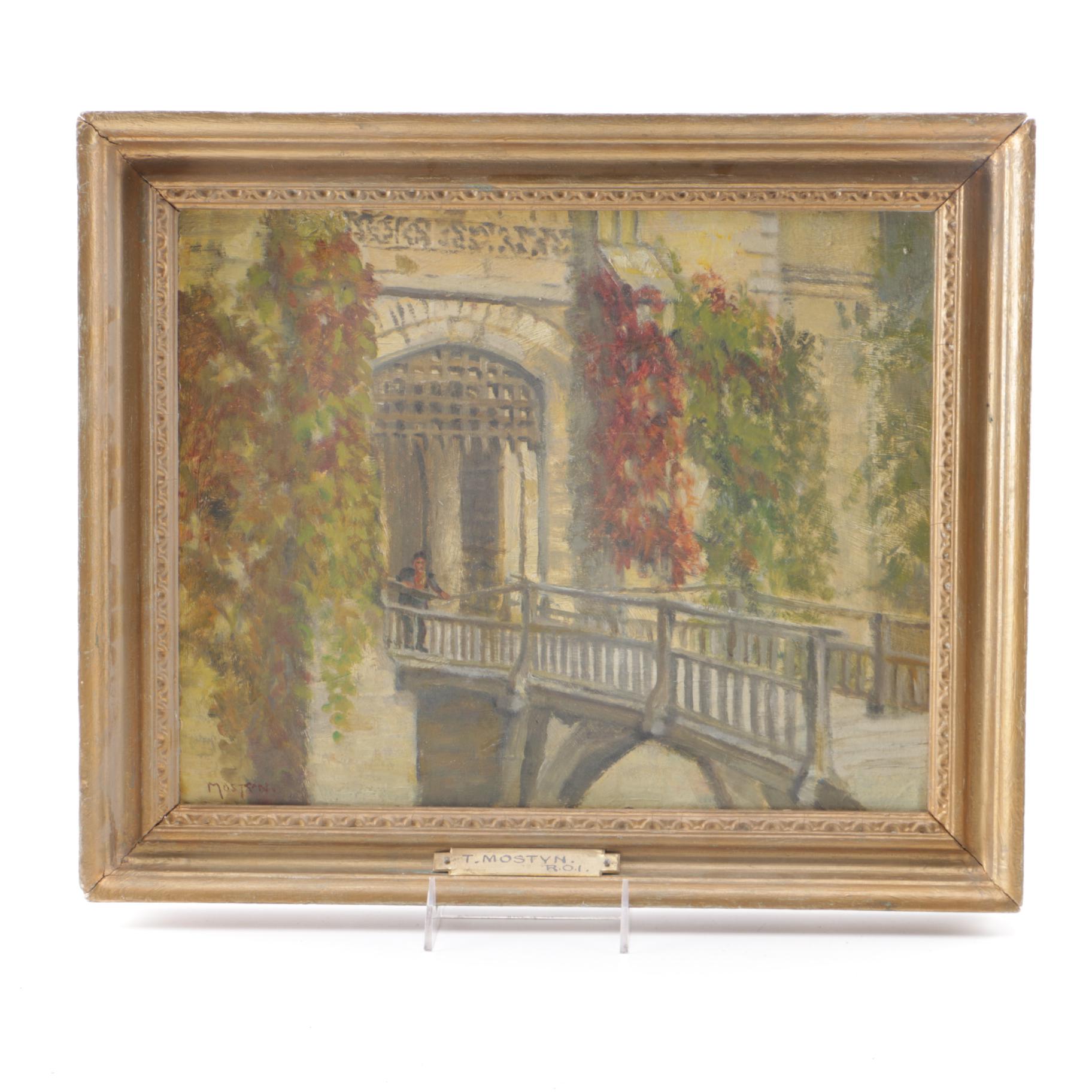 Thomas Mostyn Oil on Board Painting of Figure on Bridge