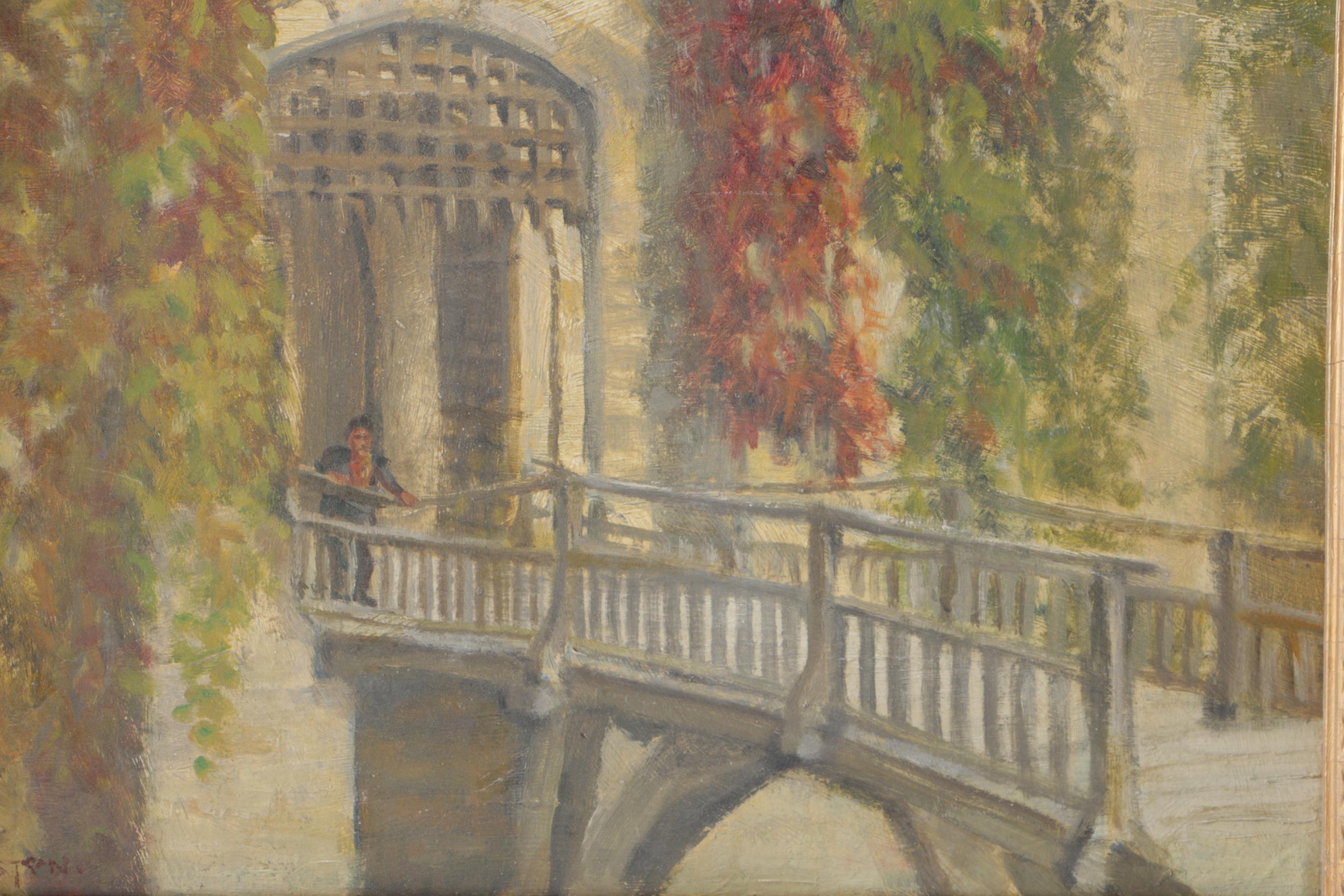 Thomas Mostyn Oil on Board Painting of Figure on Bridge