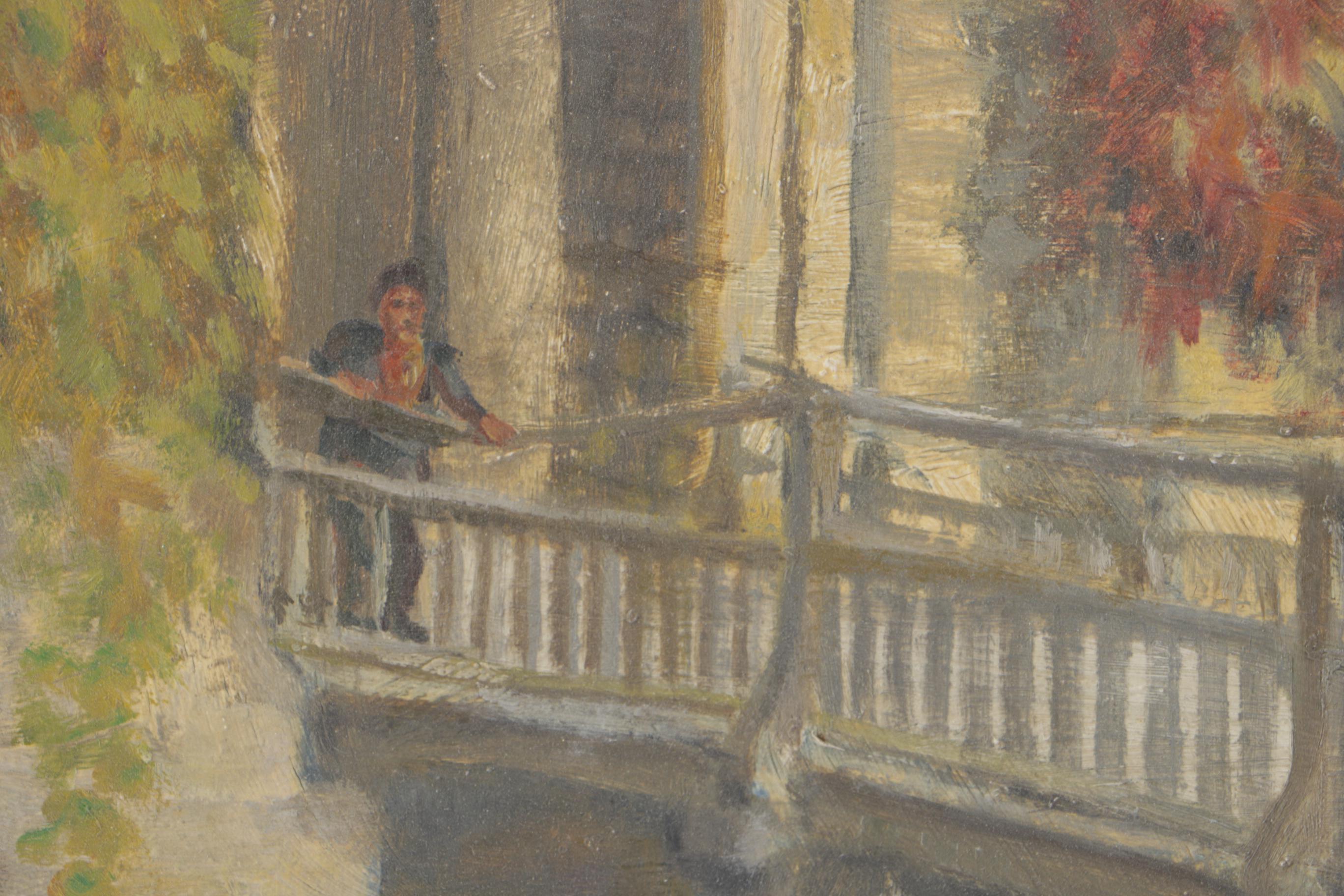 Thomas Mostyn Oil on Board Painting of Figure on Bridge