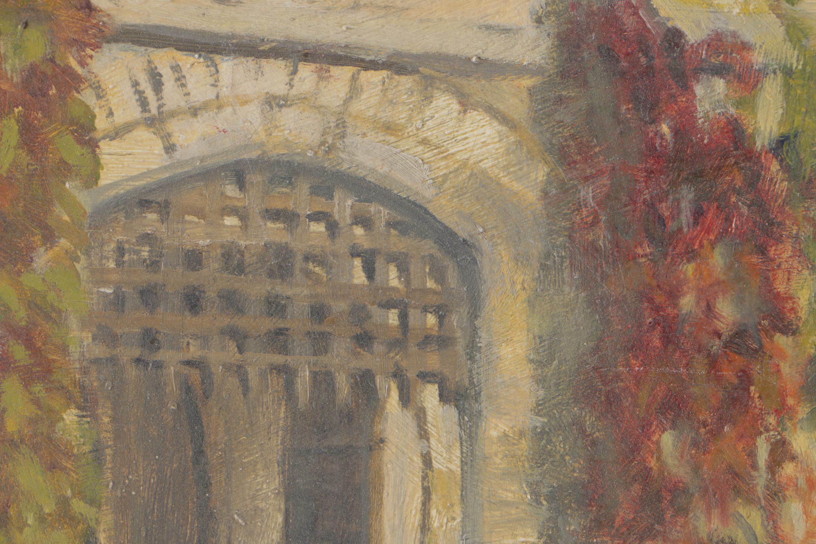 Thomas Mostyn Oil on Board Painting of Figure on Bridge