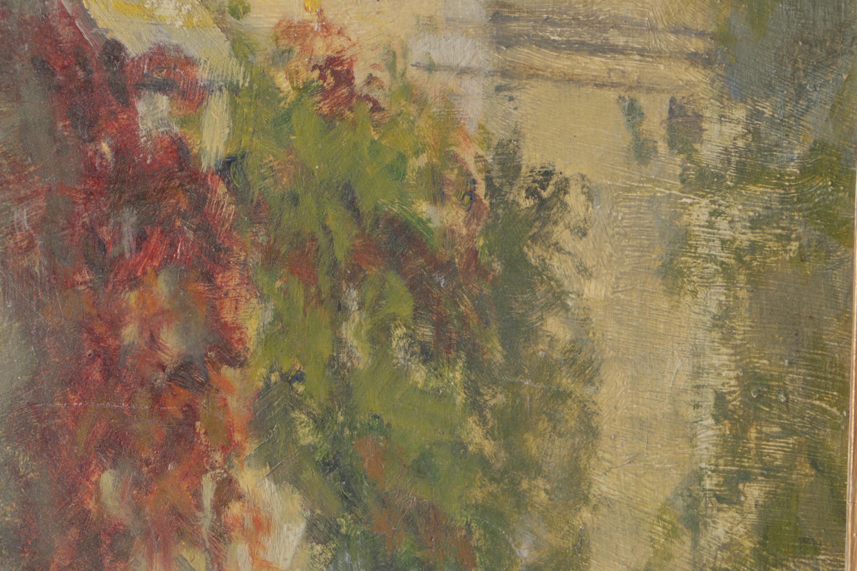 Thomas Mostyn Oil on Board Painting of Figure on Bridge