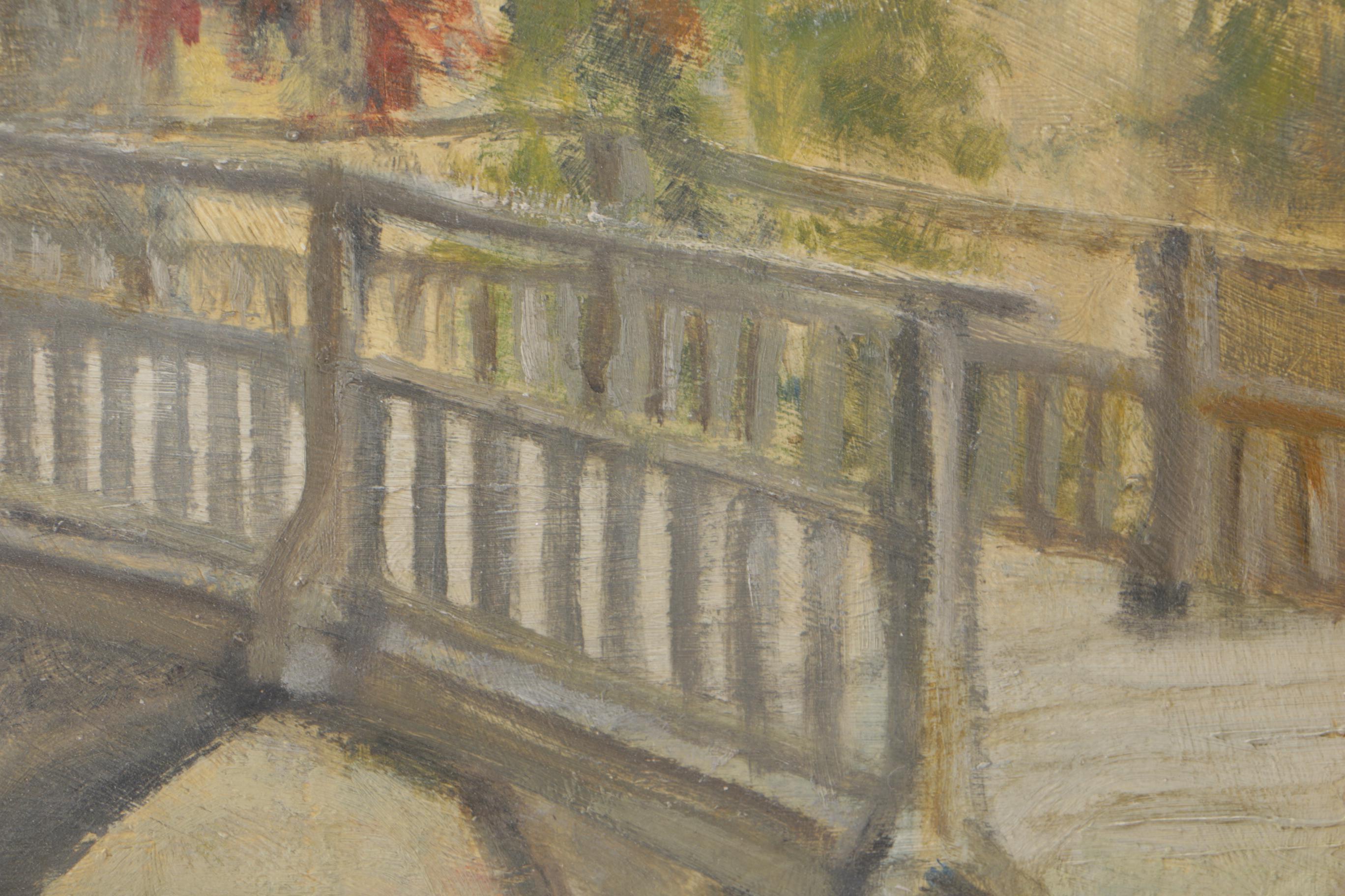 Thomas Mostyn Oil on Board Painting of Figure on Bridge