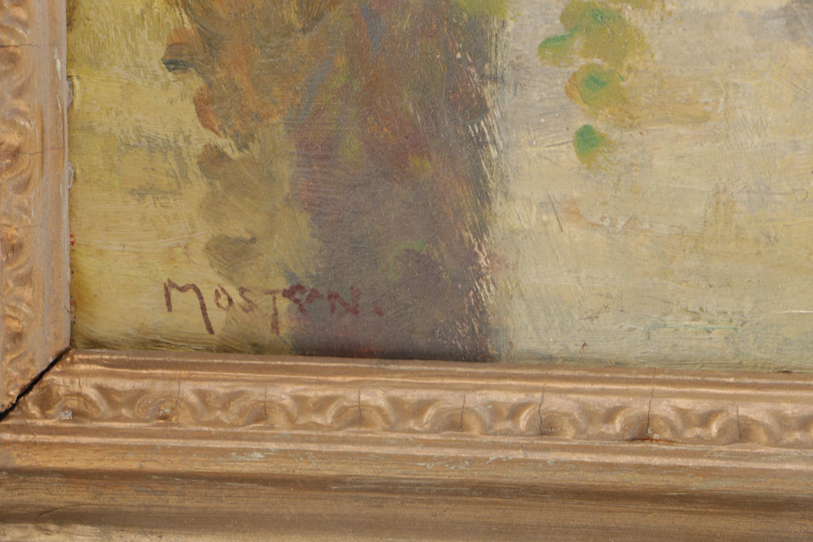 Thomas Mostyn Oil on Board Painting of Figure on Bridge