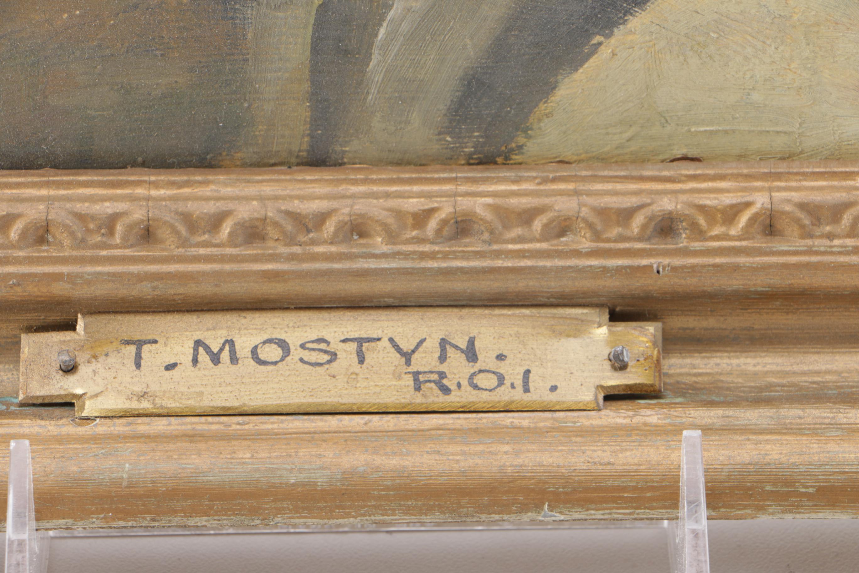 Thomas Mostyn Oil on Board Painting of Figure on Bridge