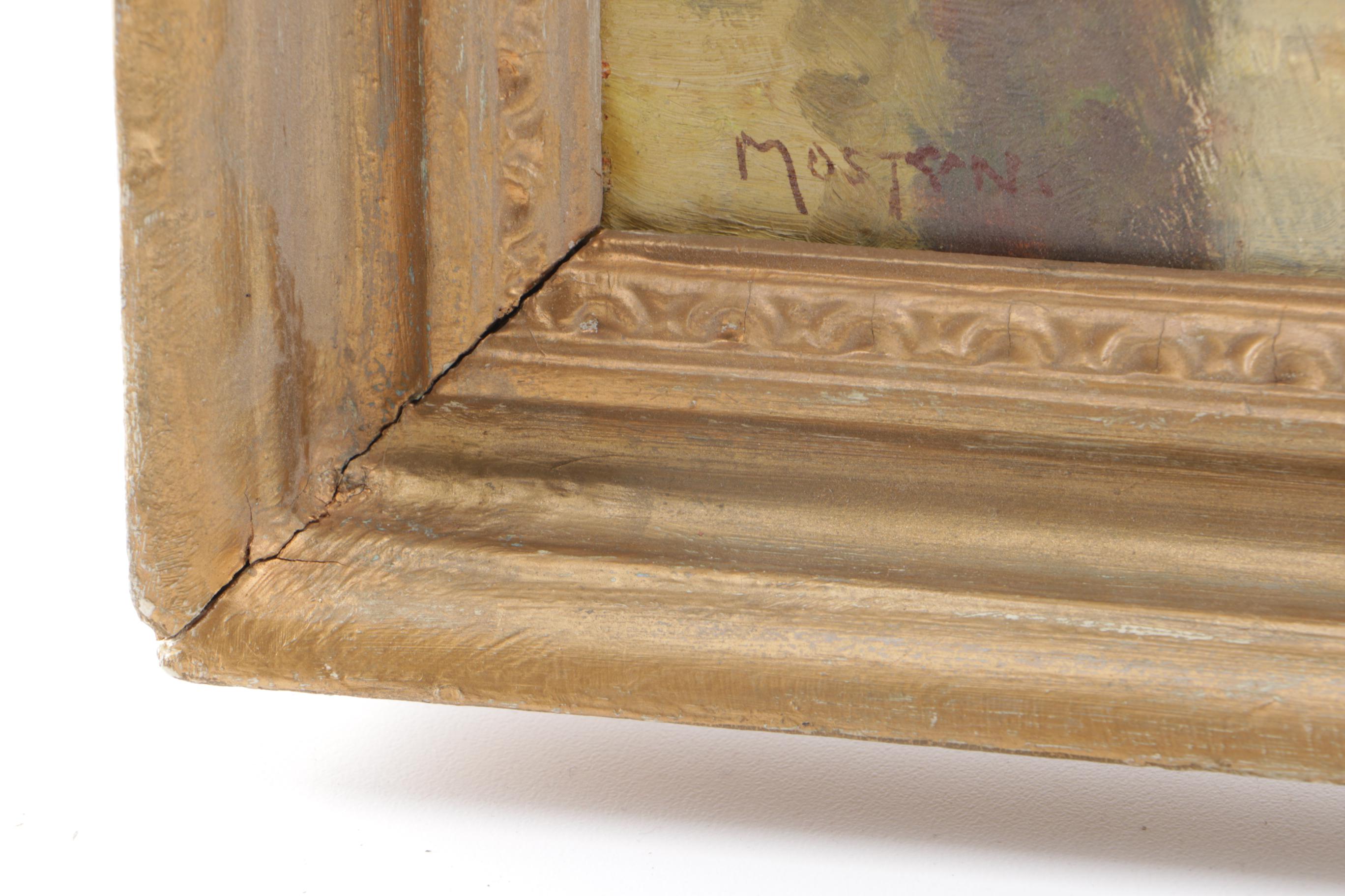 Thomas Mostyn Oil on Board Painting of Figure on Bridge