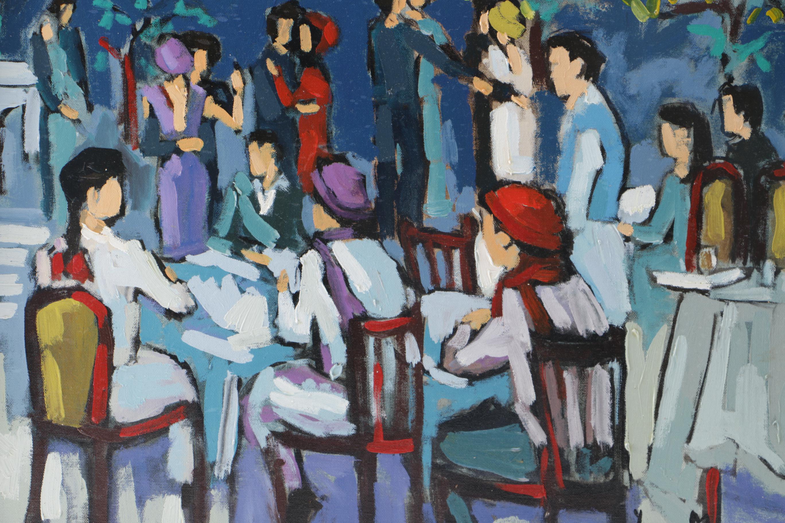 Yvonne Mora Oil Painting on Canvas "Outdoor Cafe at Night"