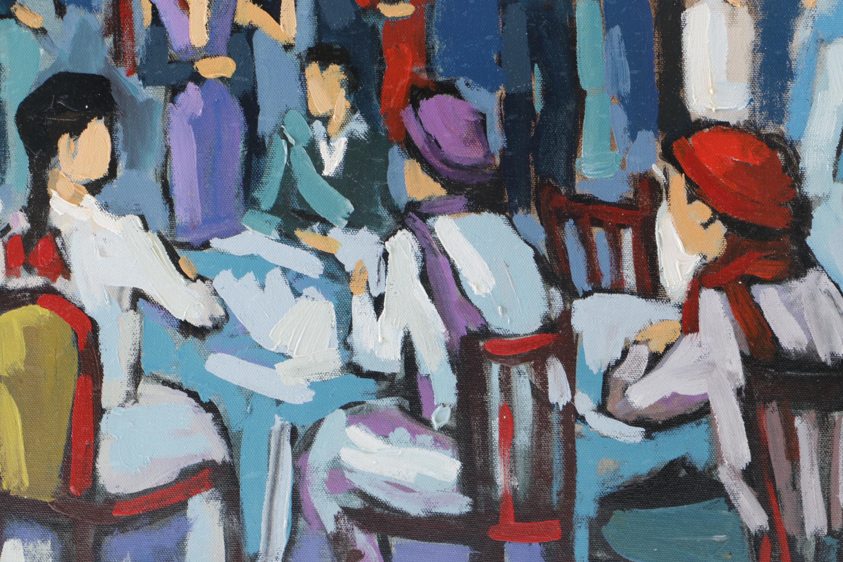 Yvonne Mora Oil Painting on Canvas "Outdoor Cafe at Night"