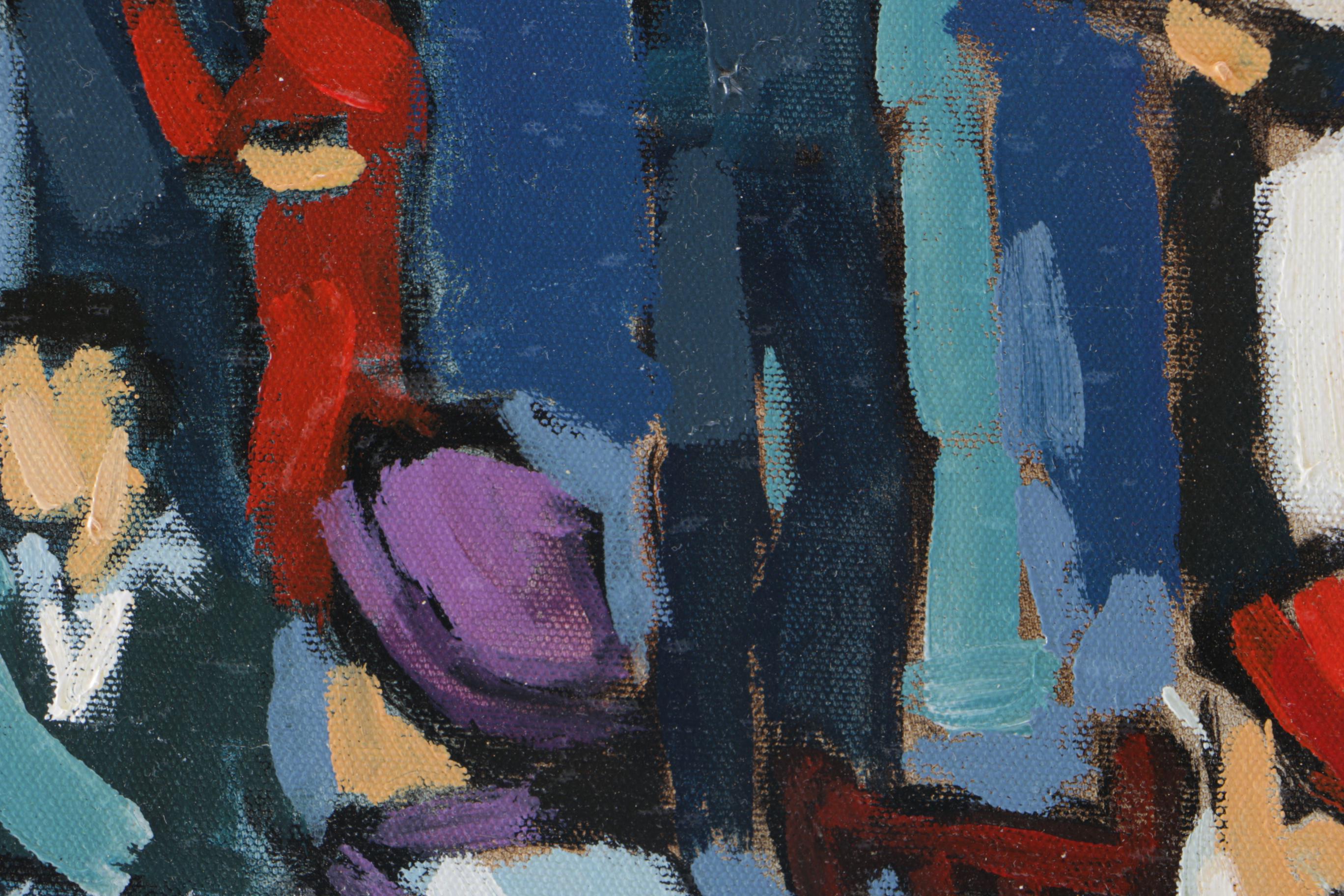 Yvonne Mora Oil Painting on Canvas "Outdoor Cafe at Night"