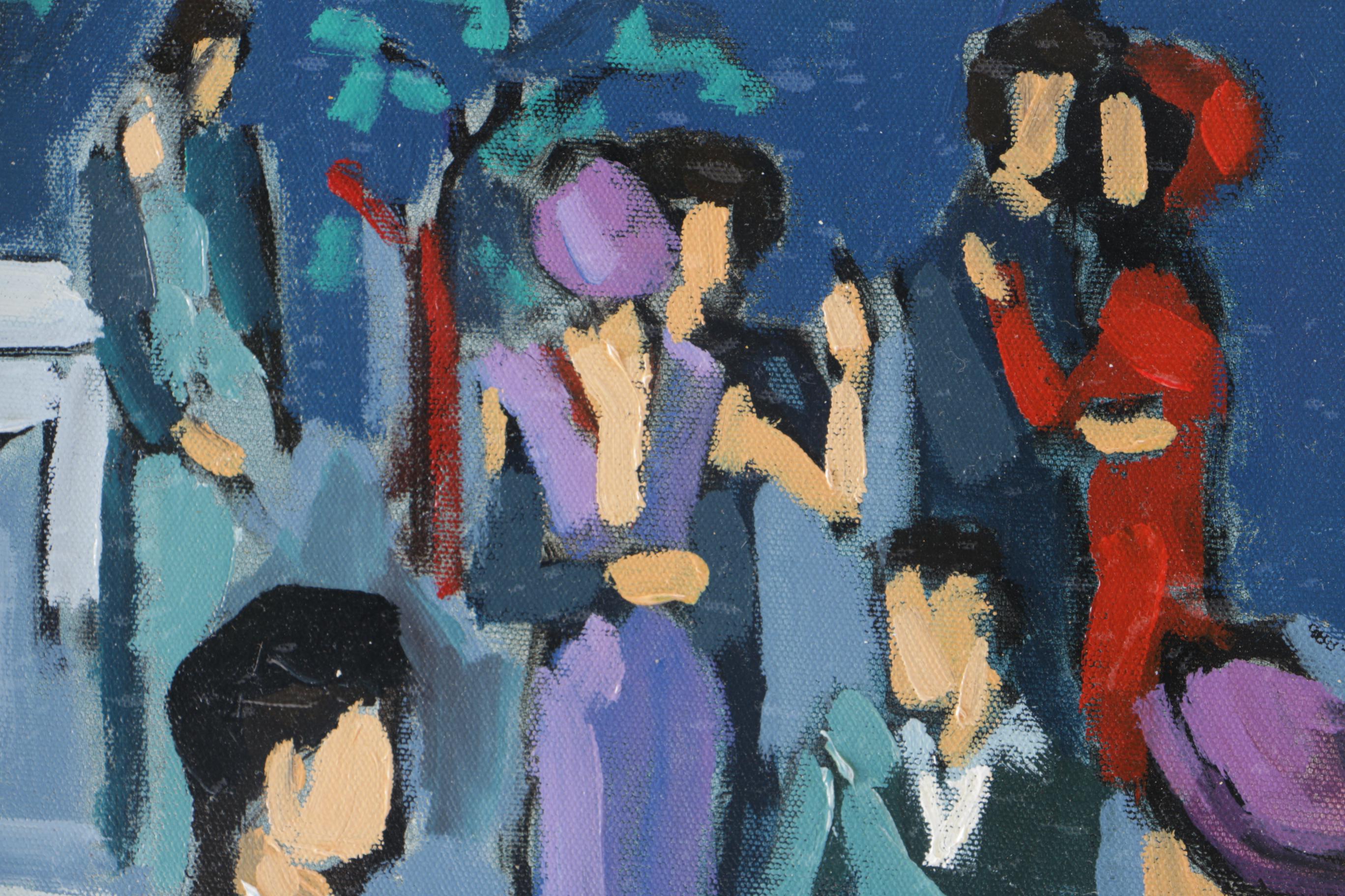 Yvonne Mora Oil Painting on Canvas "Outdoor Cafe at Night"