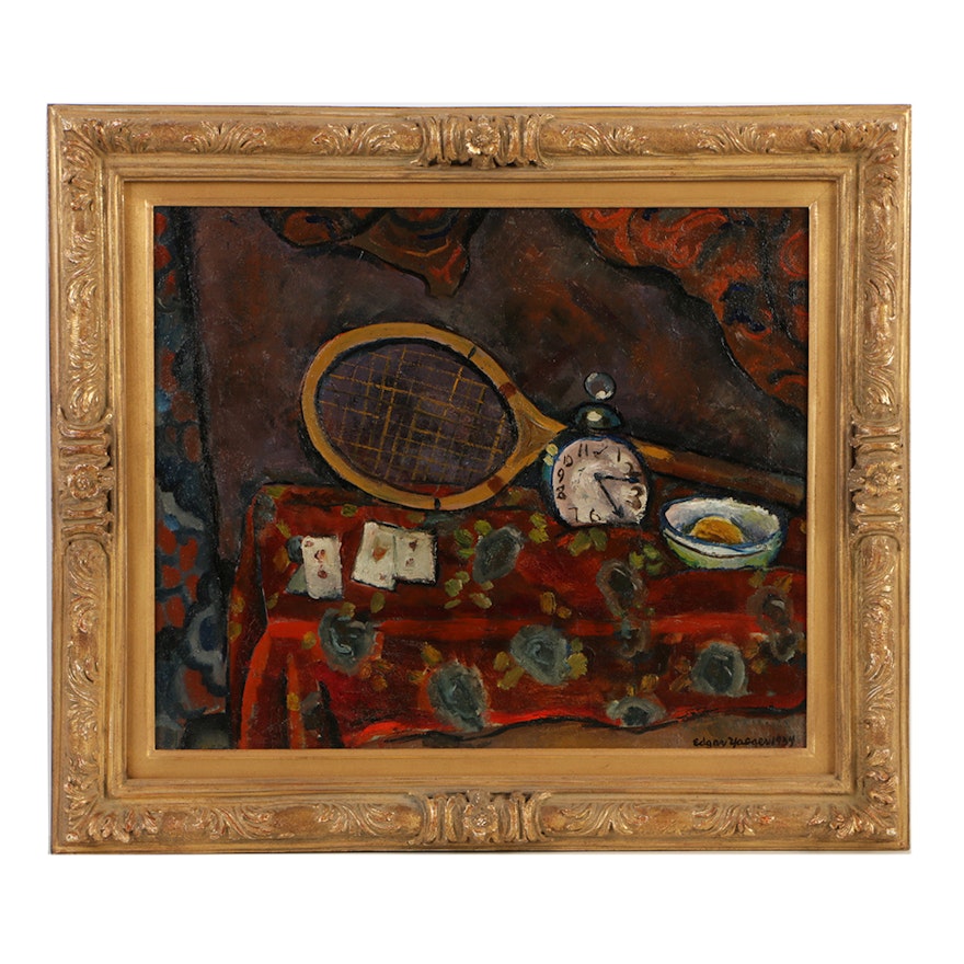 Edgar Yaeger Oil Painting on Canvas "Still Life with Racket and Playing Cards"