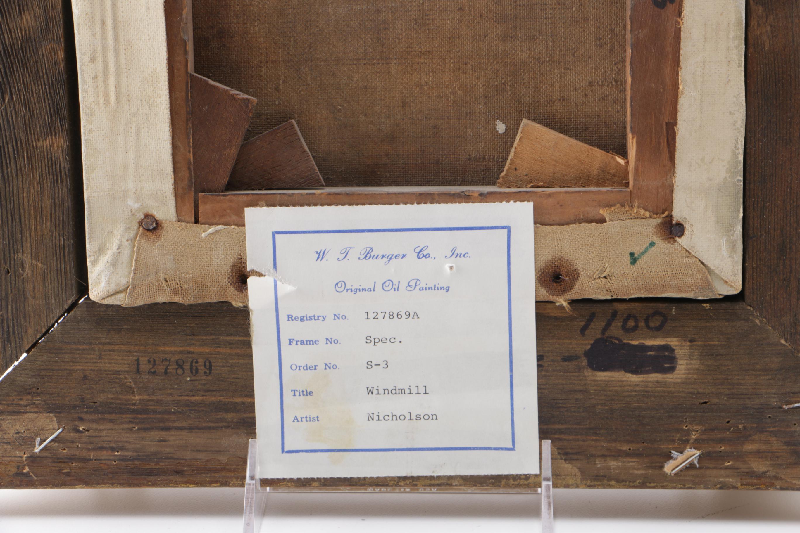 Nicholson Oil on Canvas Pastoral Landscape with Windmill