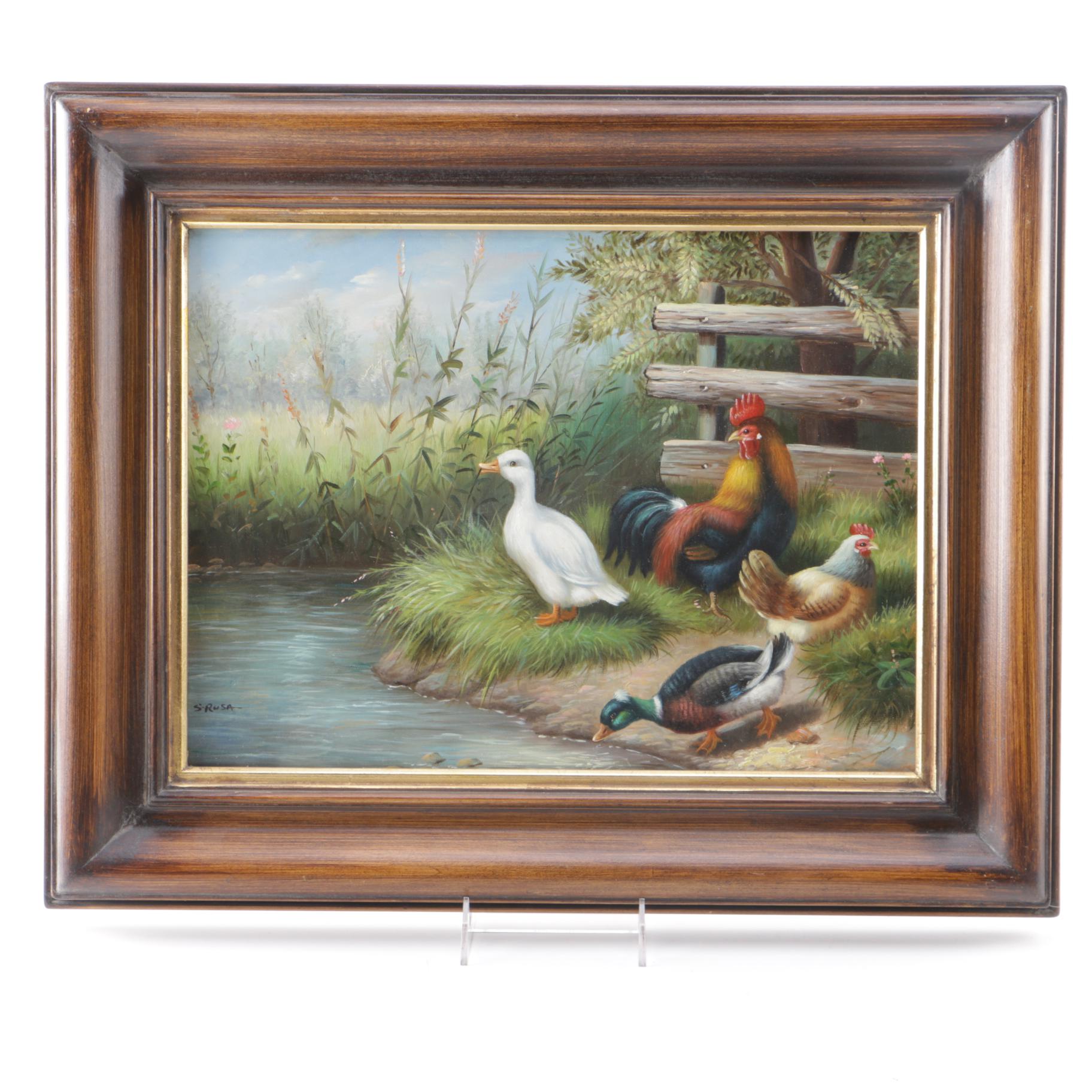 S. Rosa Oil on Canvas "Ducks and Chickens"
