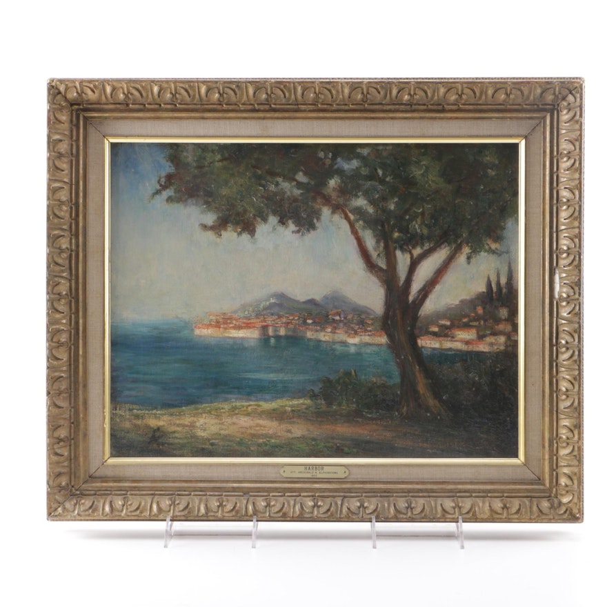 1893 Attributed to Archibald Elphinstone Oil Painting on Canvas "Harbor"