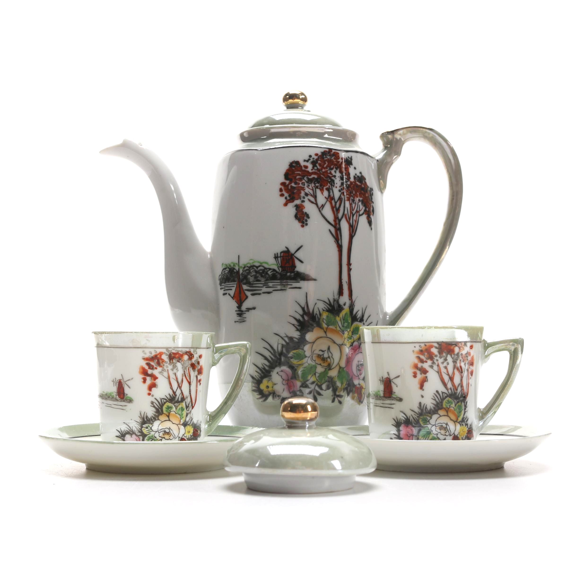 Japanese Hand-Painted Porcelain Coffee Pot and Cups