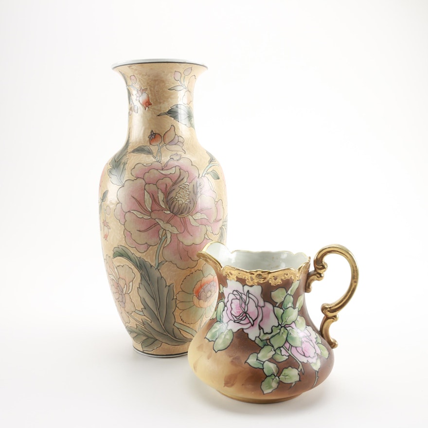 Ceramic Vase and Nippon Porcelain Pitcher with Floral Designs