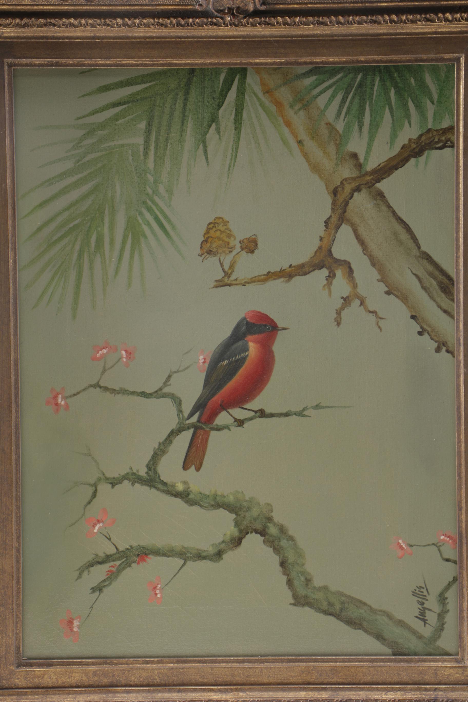 Pietro Angellis Oil Painting on Canvas "Bird on a Branch"