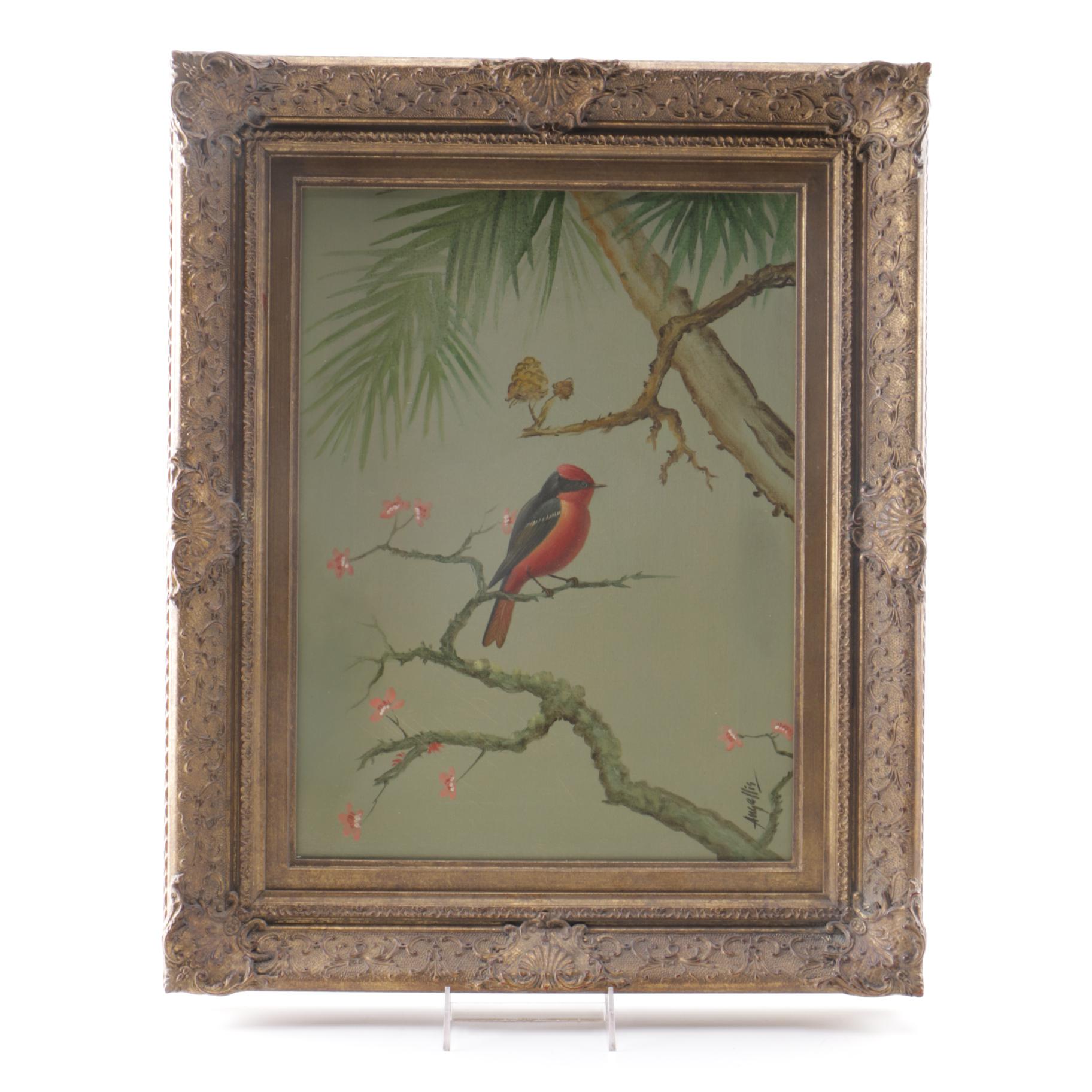 Pietro Angellis Oil Painting on Canvas "Bird on a Branch"