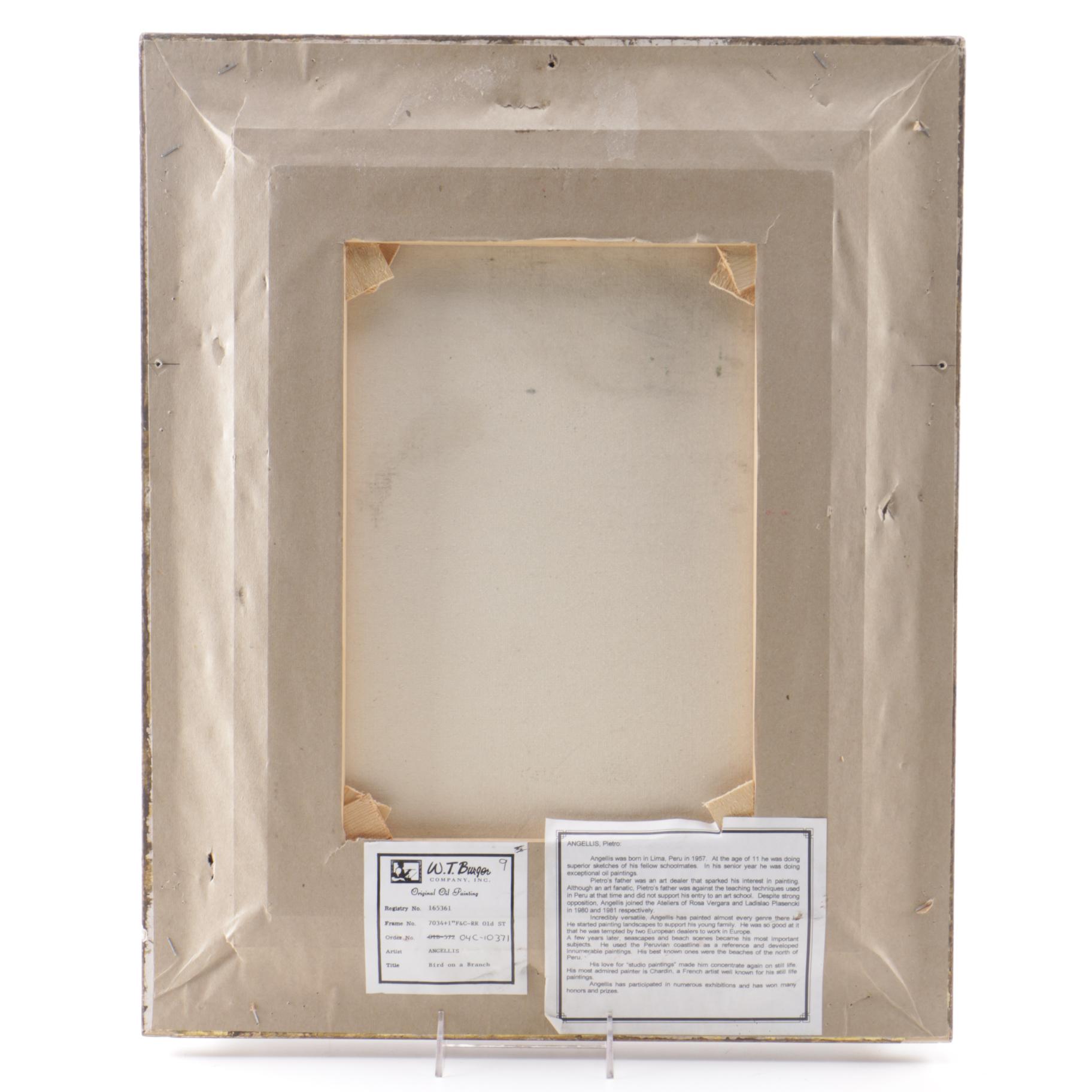 Pietro Angellis Oil Painting on Canvas "Bird on a Branch"