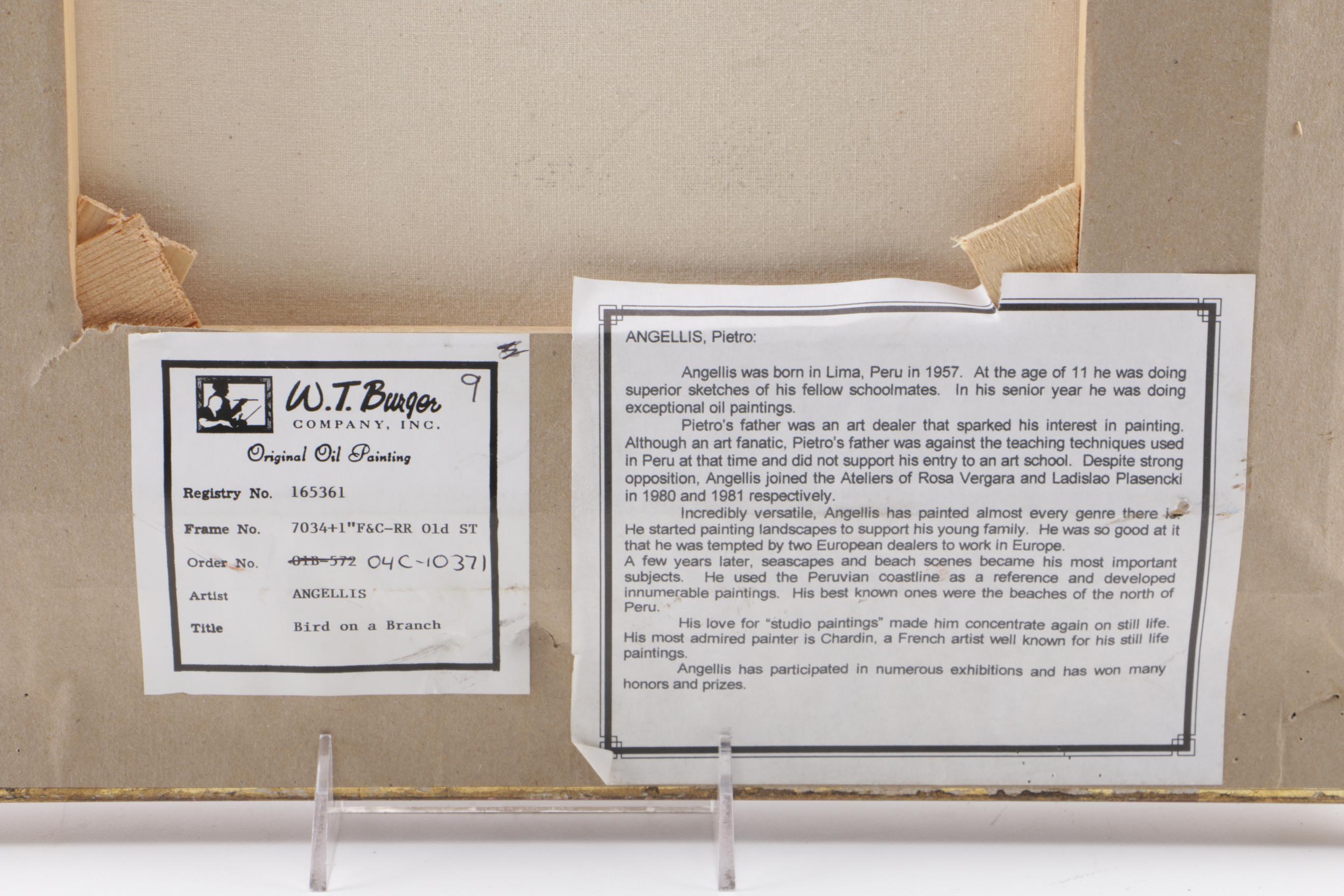 Pietro Angellis Oil Painting on Canvas "Bird on a Branch"