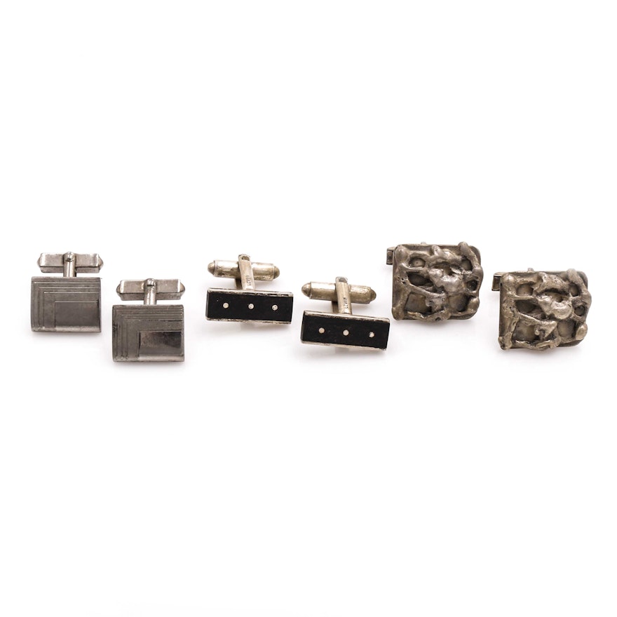 Sterling Silver Brutalist, Swank, and Levin Wood Accent Cufflinks