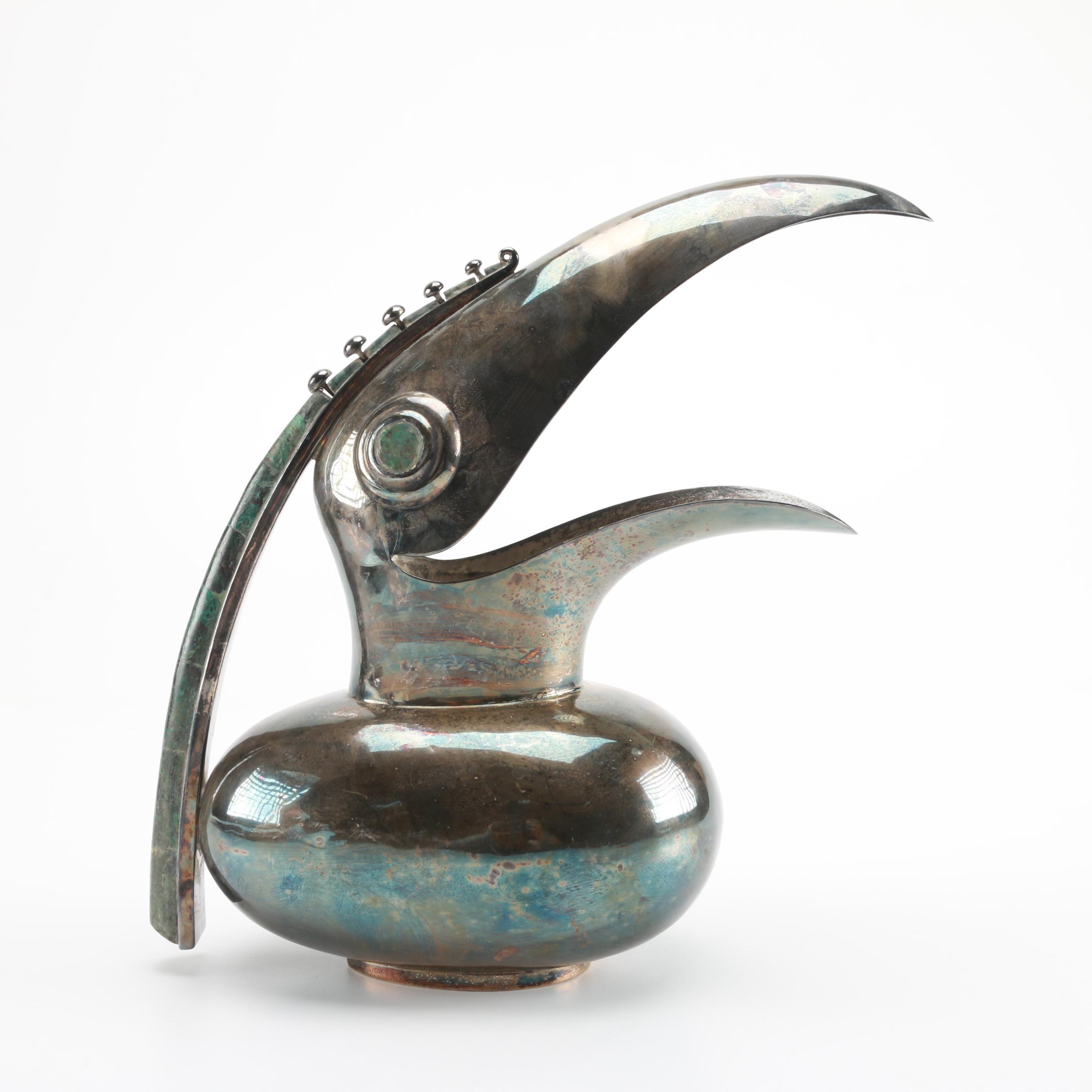 Los Castillo Silver Plate and Eilat Stone Toucan Pitcher