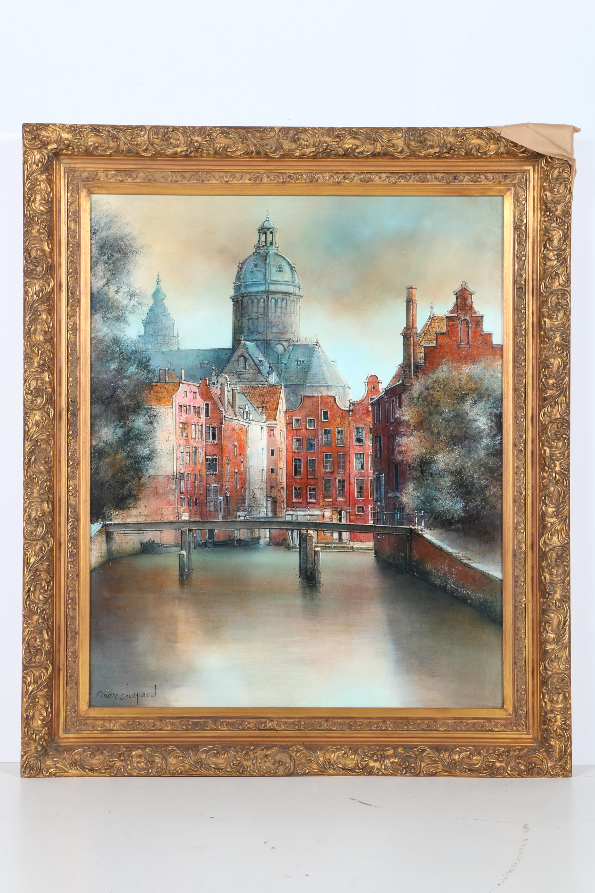 Marc Chapaud Oil Painting on Canvas "Canal a Amsterdam Dome de St. Nicholas"
